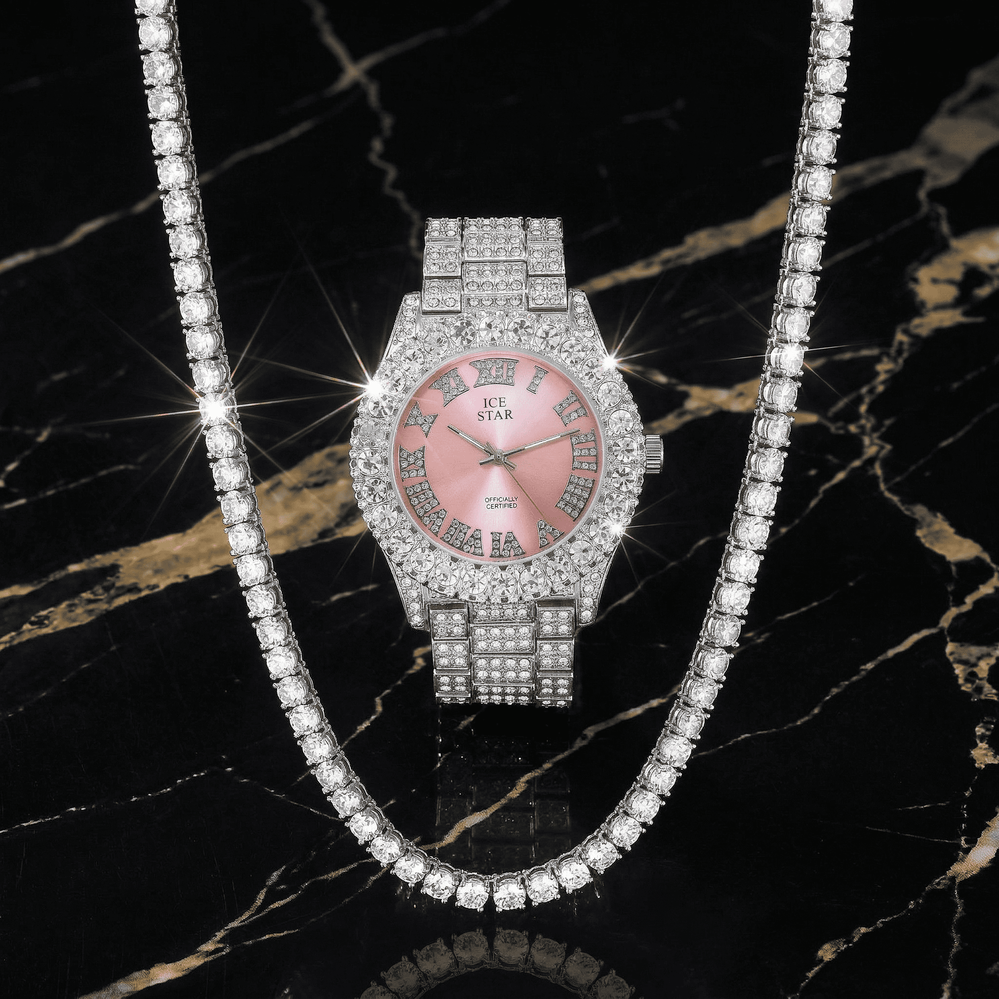 Women's 44mm Iced Out Solitaire Watch and Chain Set