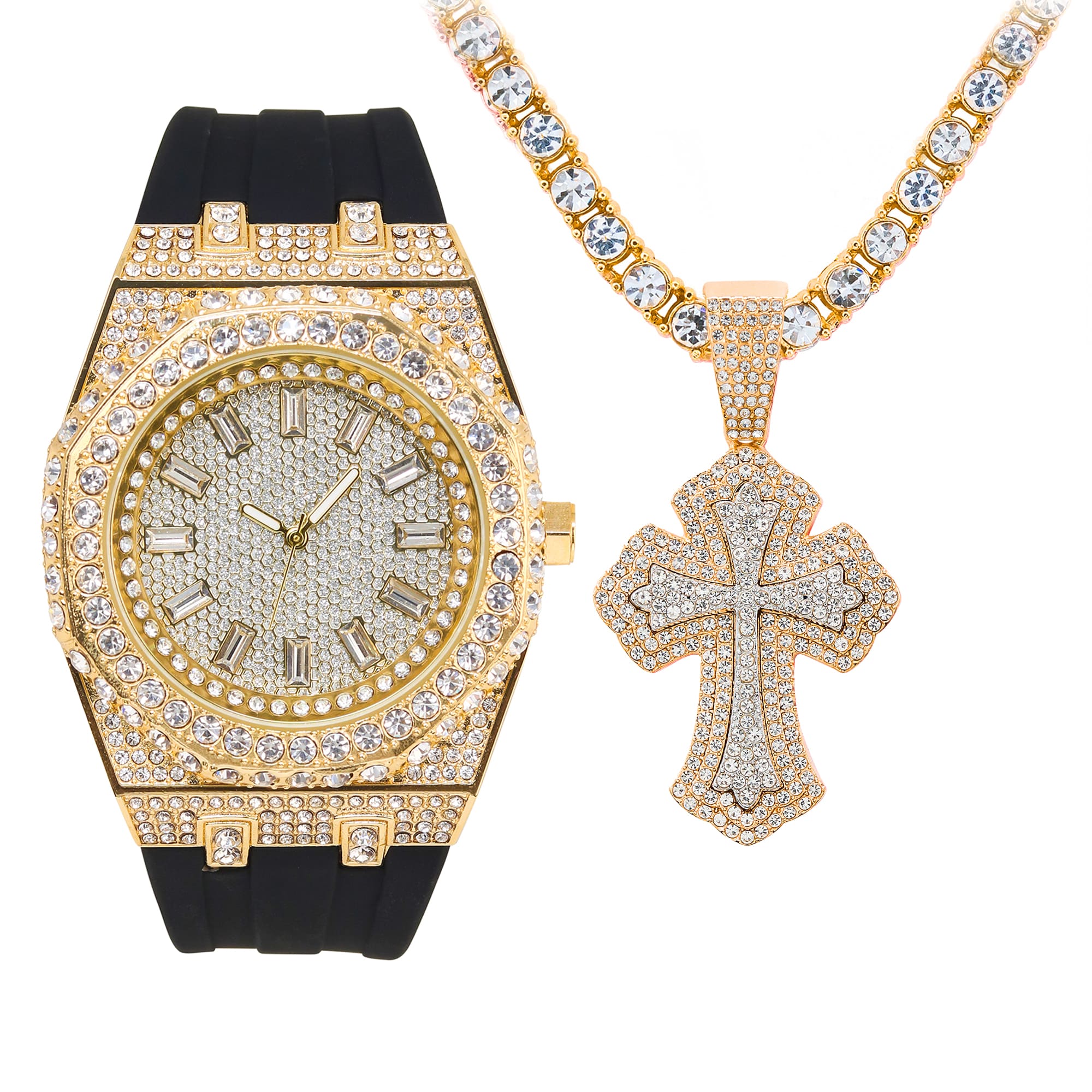 Men’s Iced-Out Watch and Cross Pendant Set