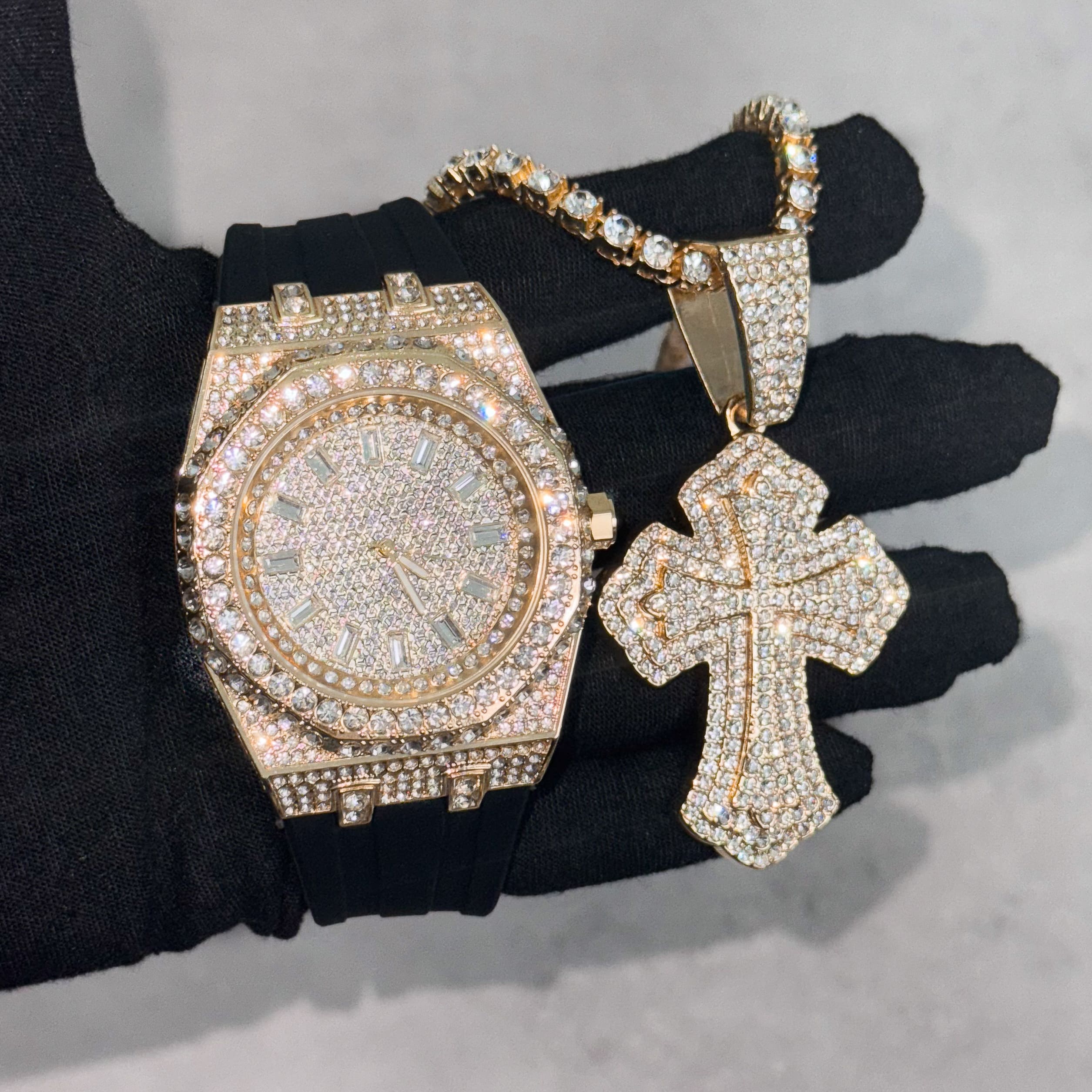 Men’s Iced-Out Watch and Cross Pendant Set