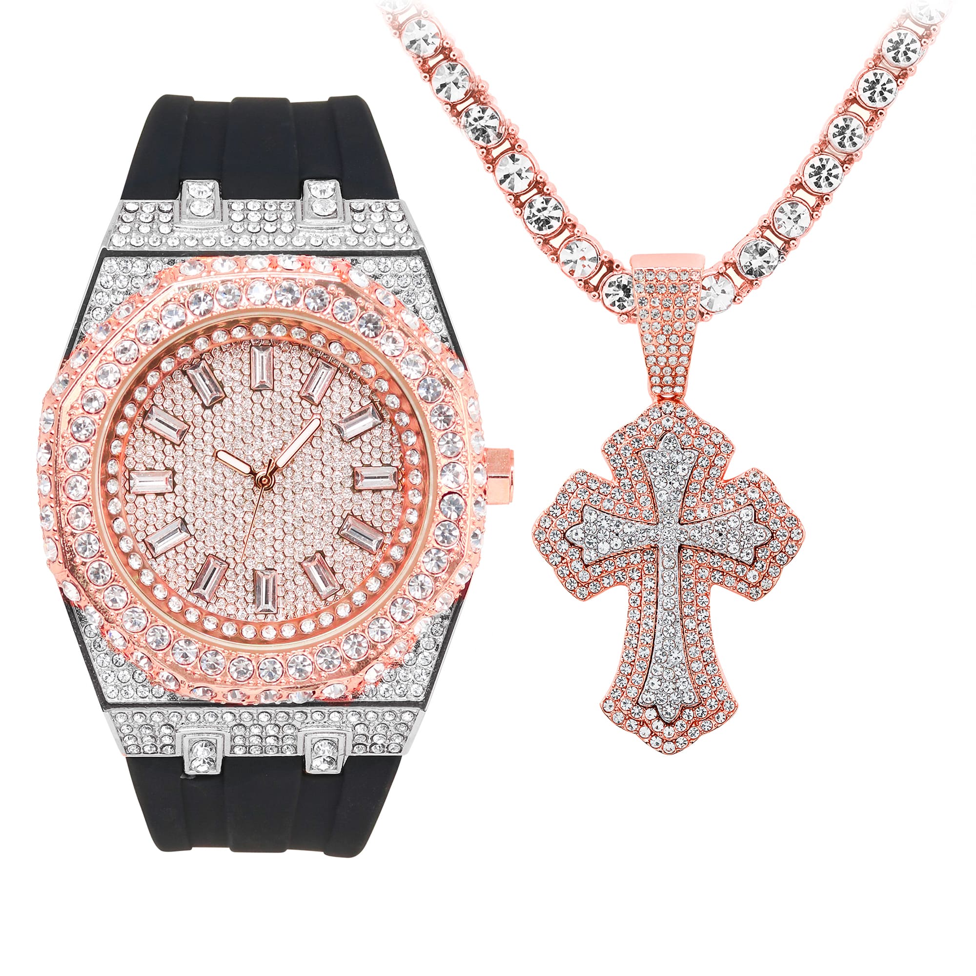 Men’s Iced-Out Watch and Cross Pendant Set