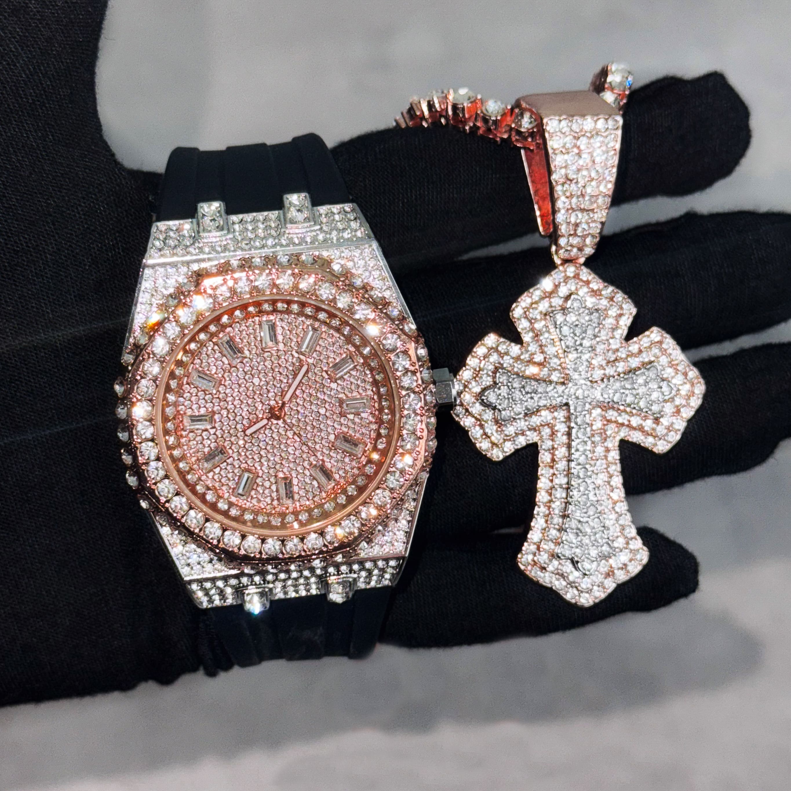 Men’s Iced-Out Watch and Cross Pendant Set