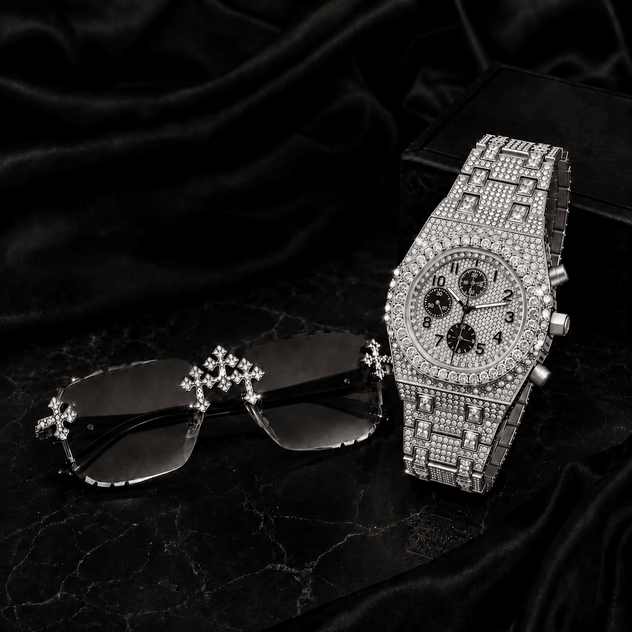Men's 42mm Iced Out Diamond Watch & Triple Cross Smoke Lens Sunglasses Set