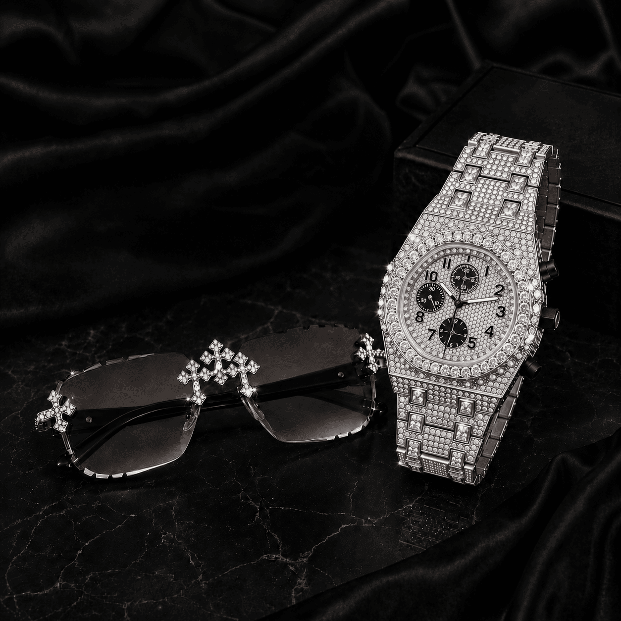 Men's 42mm Iced Out Diamond Watch & Triple Cross Smoke Lens Sunglasses Set