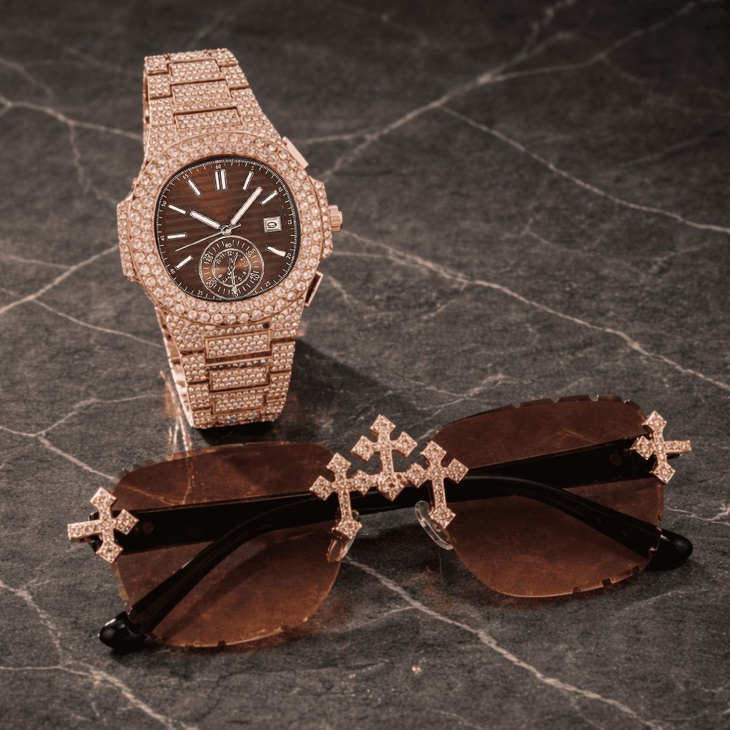 Men's 43mm Iced Out Cushion Watch and Triple Cross Sunglasses Set