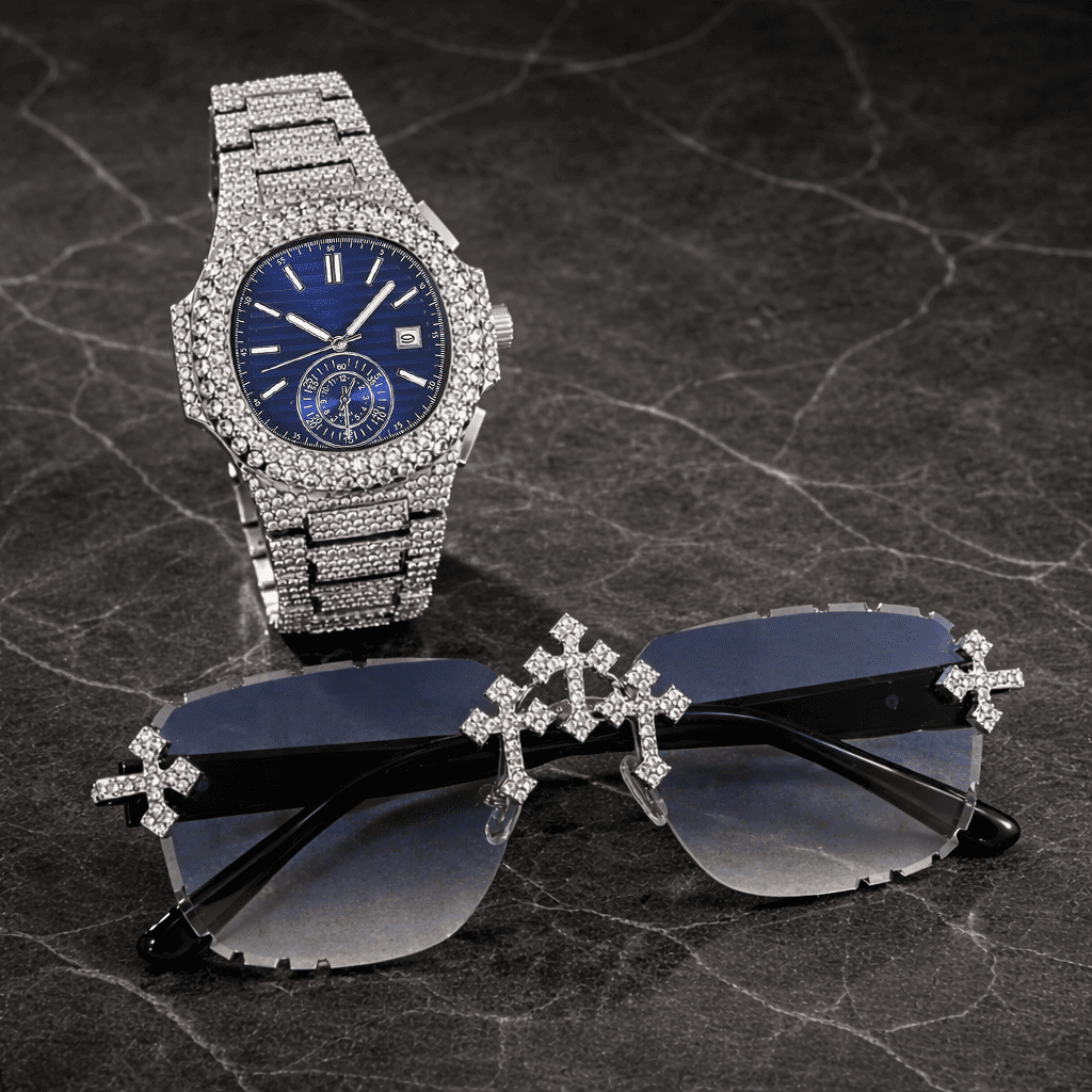 Men's 43mm Iced Out Cushion Watch and Triple Cross Sunglasses Set