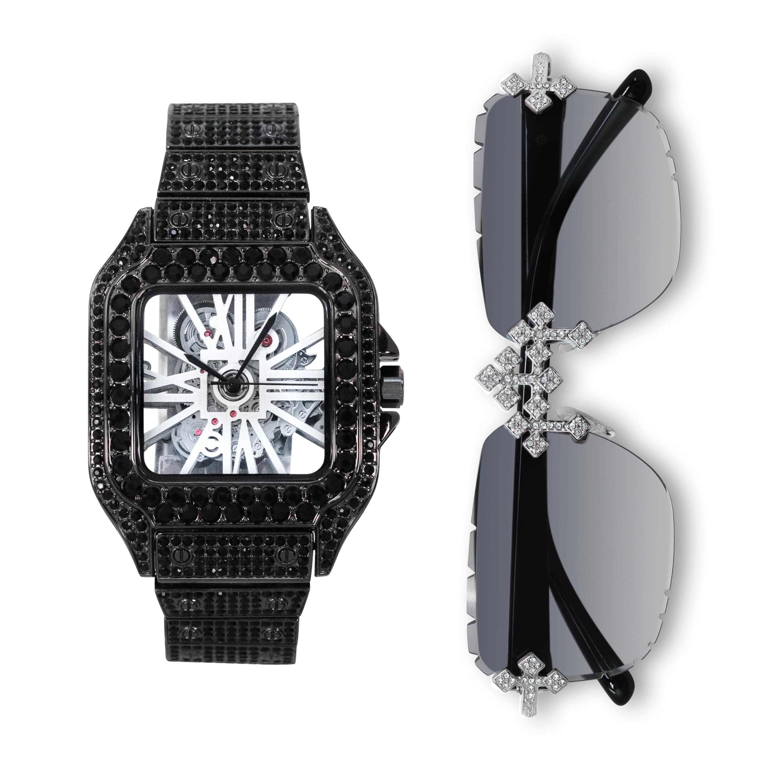 Men's 40mm Iced Out Skeleton Dial Watch and Triple Cross Sunglasses Set