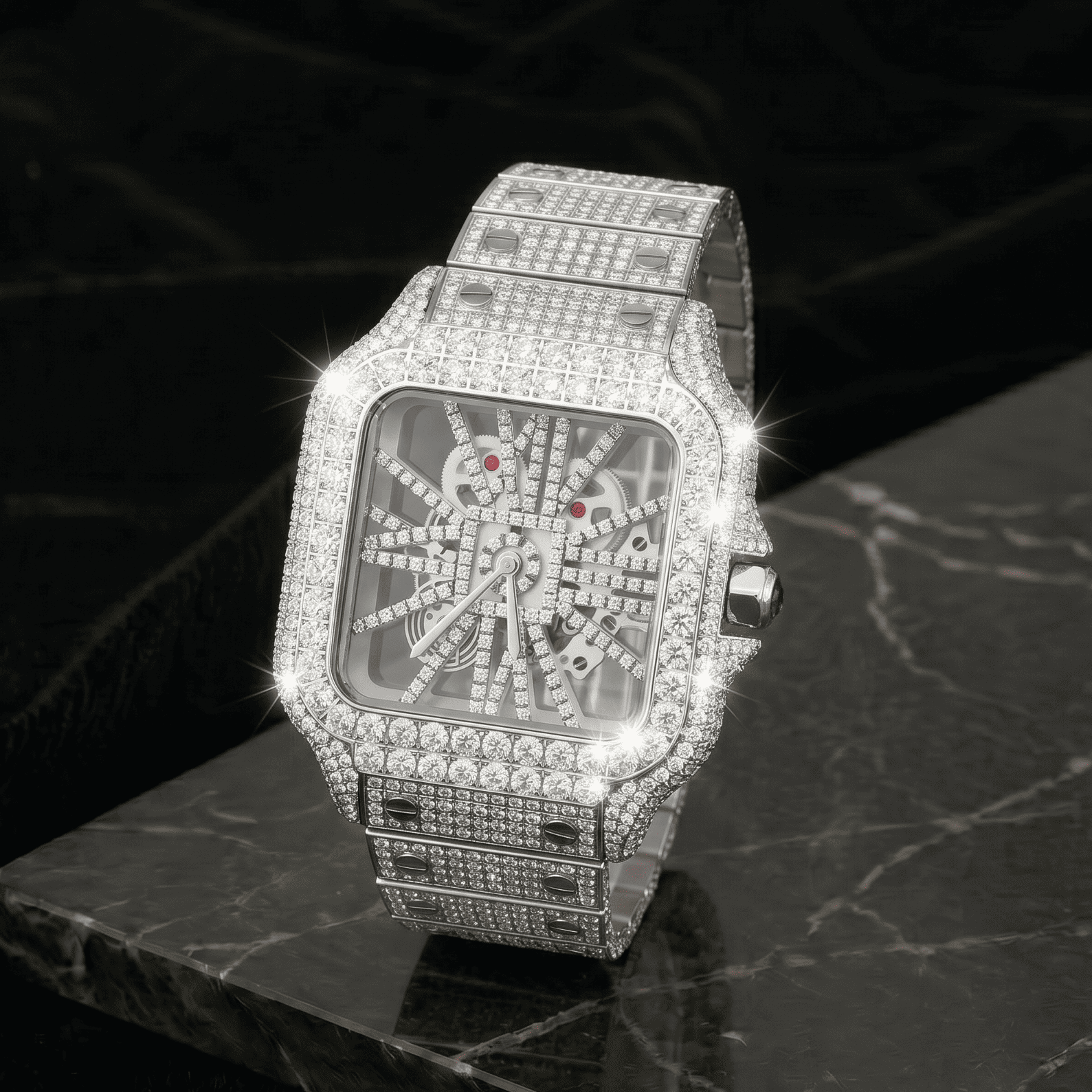 Men's 38mm Iced Out Skeleton Moissanite Stainless Steel Watch - Square Shape, Automatic Movement