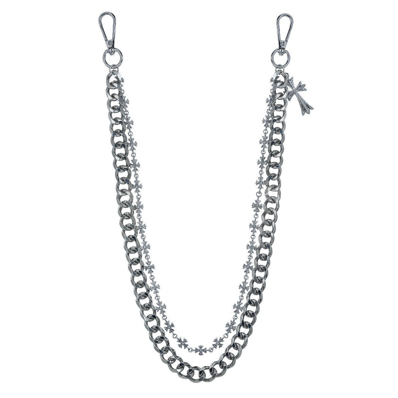 Silver Cross with Cuban Double Link Pant Chain featuring layered Cuban links.