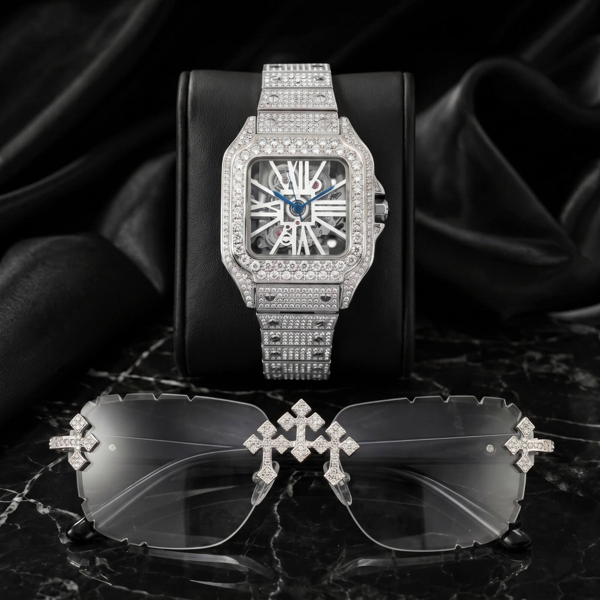 Men's 40mm Iced Out Skeleton Dial Watch and Triple Cross Sunglasses Set