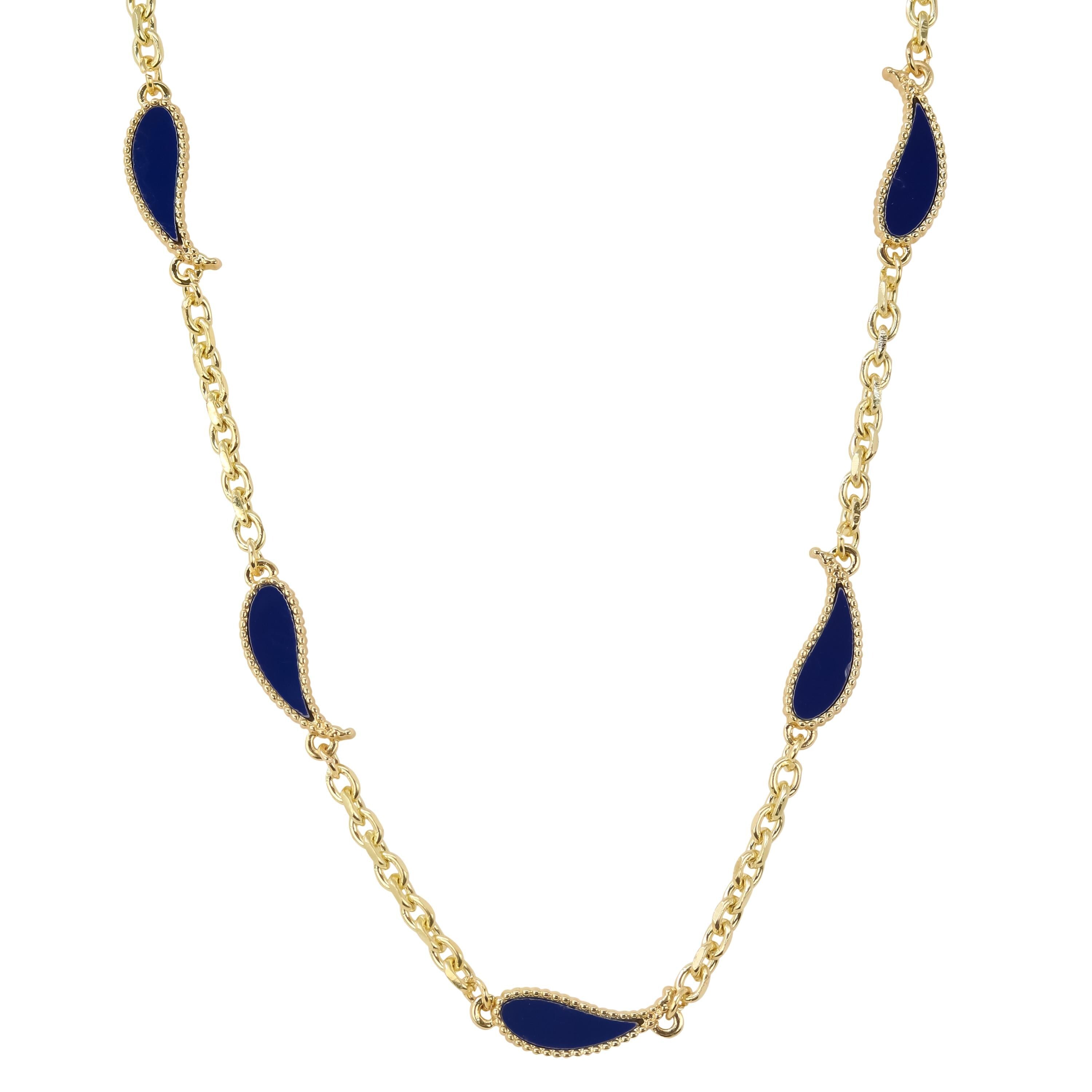 Men's 7mm Blue Paisley Multi-Charm Necklace in gold with double-sided navy teardrop paisley charms and chain links.