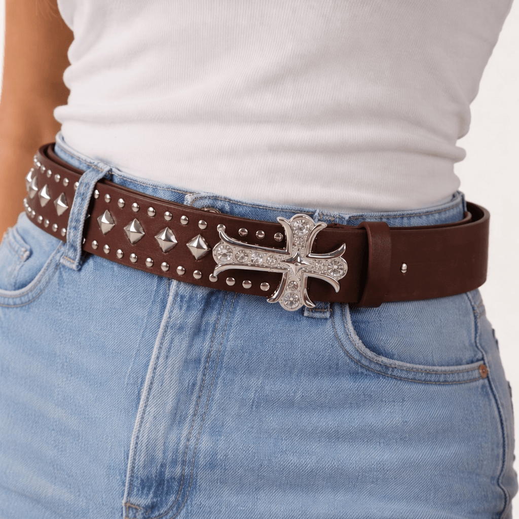 Iced Out Cross Studded Belt – Faux Leather