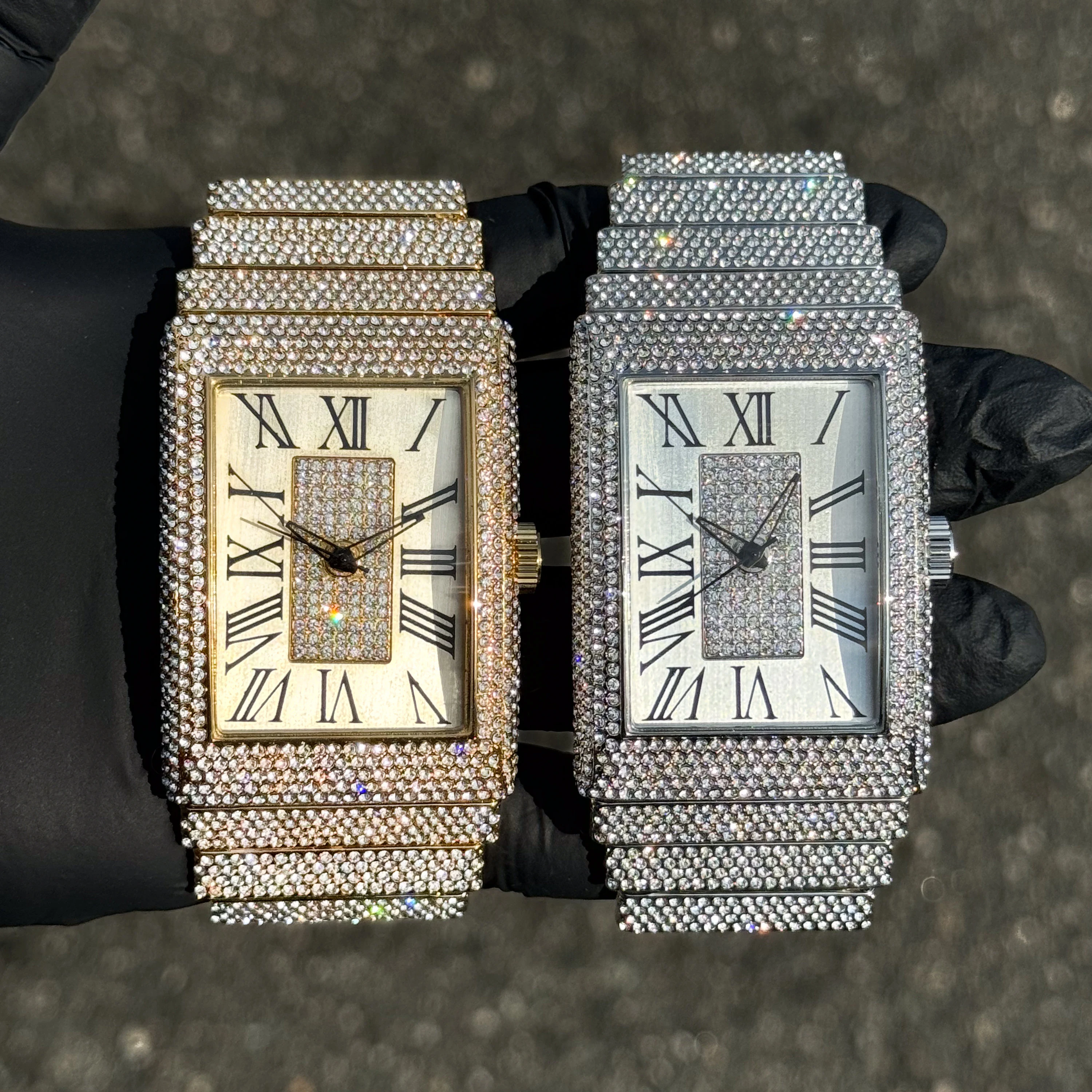 Men’s fully iced out 40mm rectangle diamond watches in gold and silver with iced bezel and band.