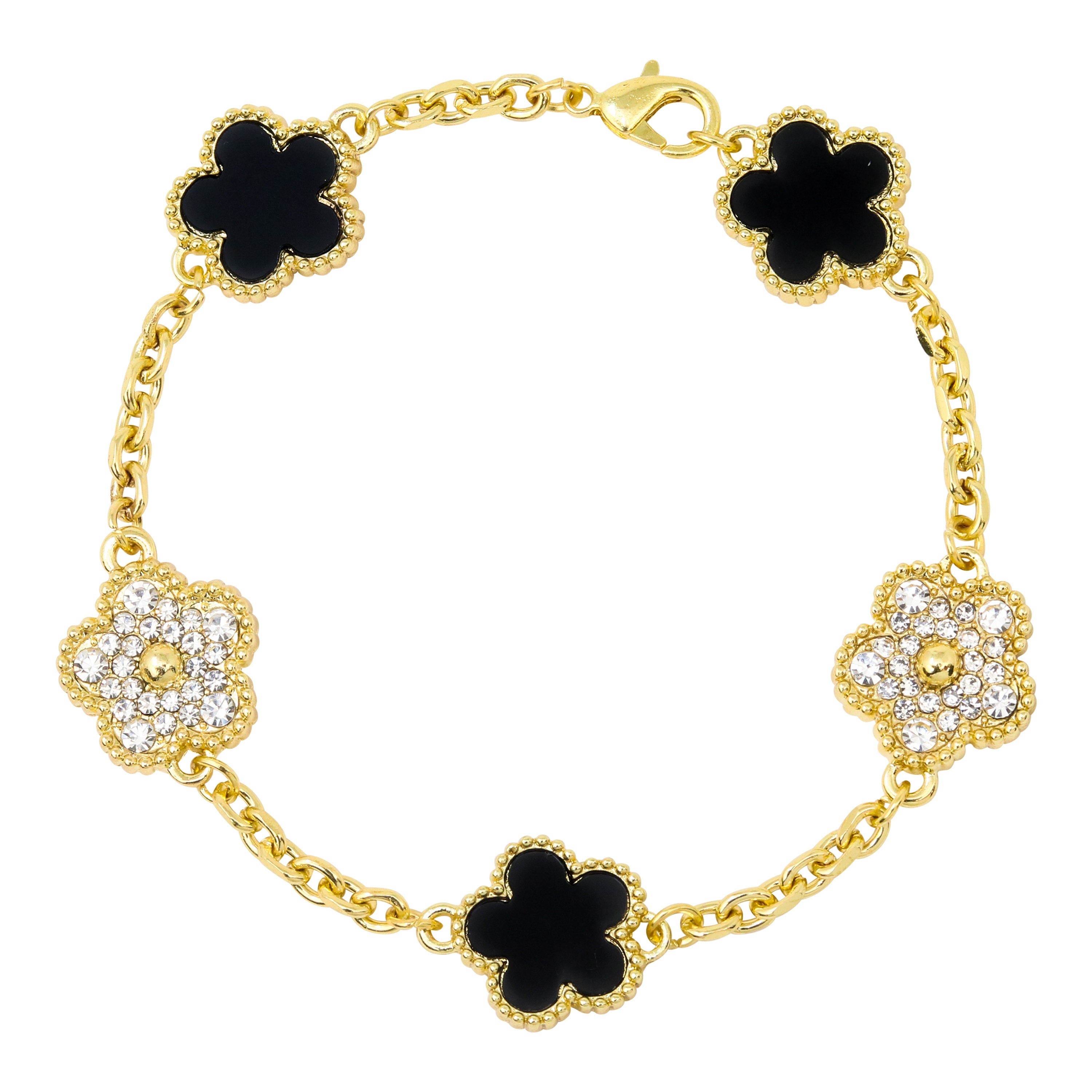 Men's Gold Iced Out 15mm Iced 5-Leaf Clover Link Chain Bracelet - Double Sided Pattern