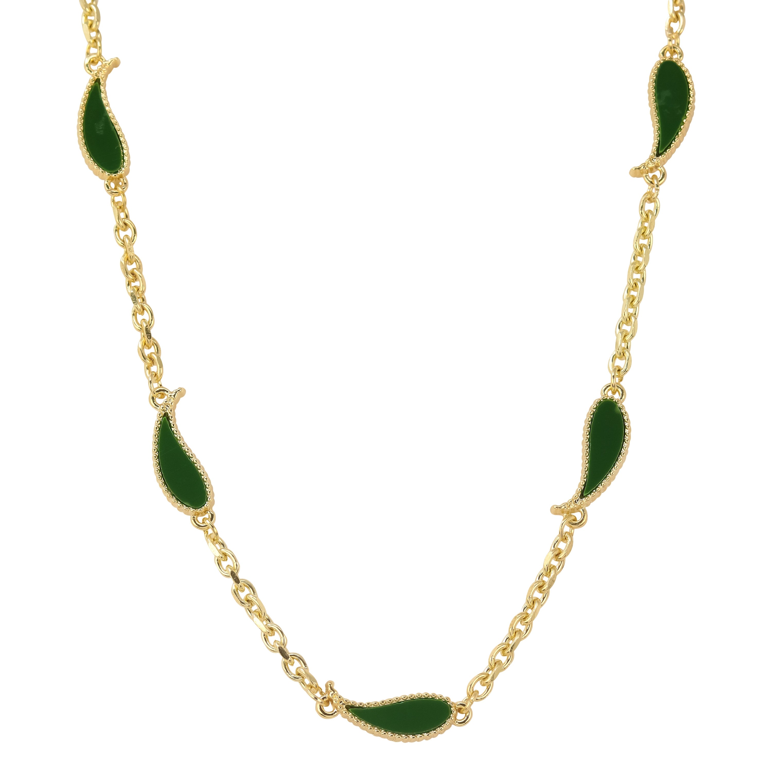 Men's 7mm Green Paisley Multi-Charm Necklace in gold with double-sided dark green teardrop paisley charms.