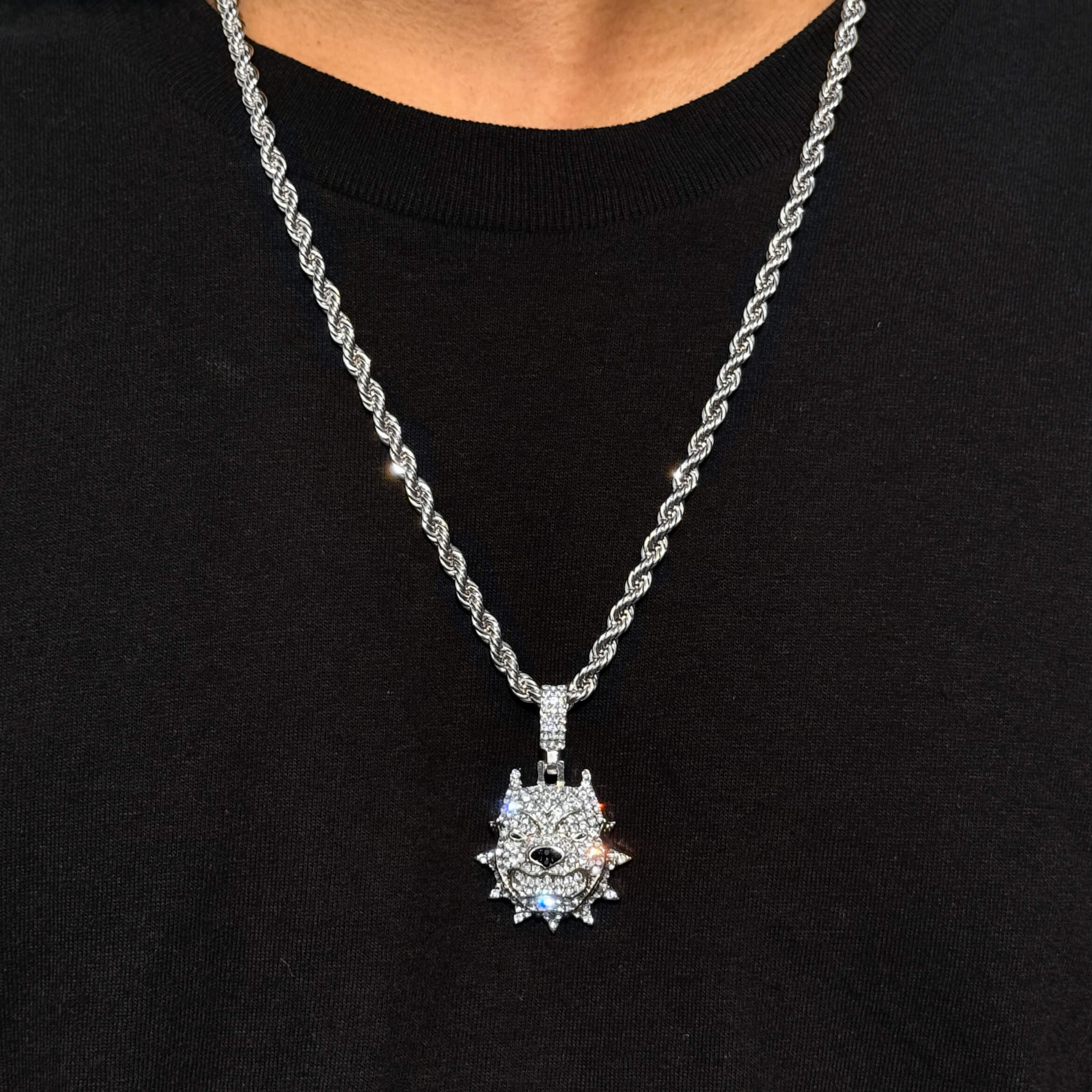 Men's iced out dog pendant with silver 4mm rope chain, detailed spiked face design.