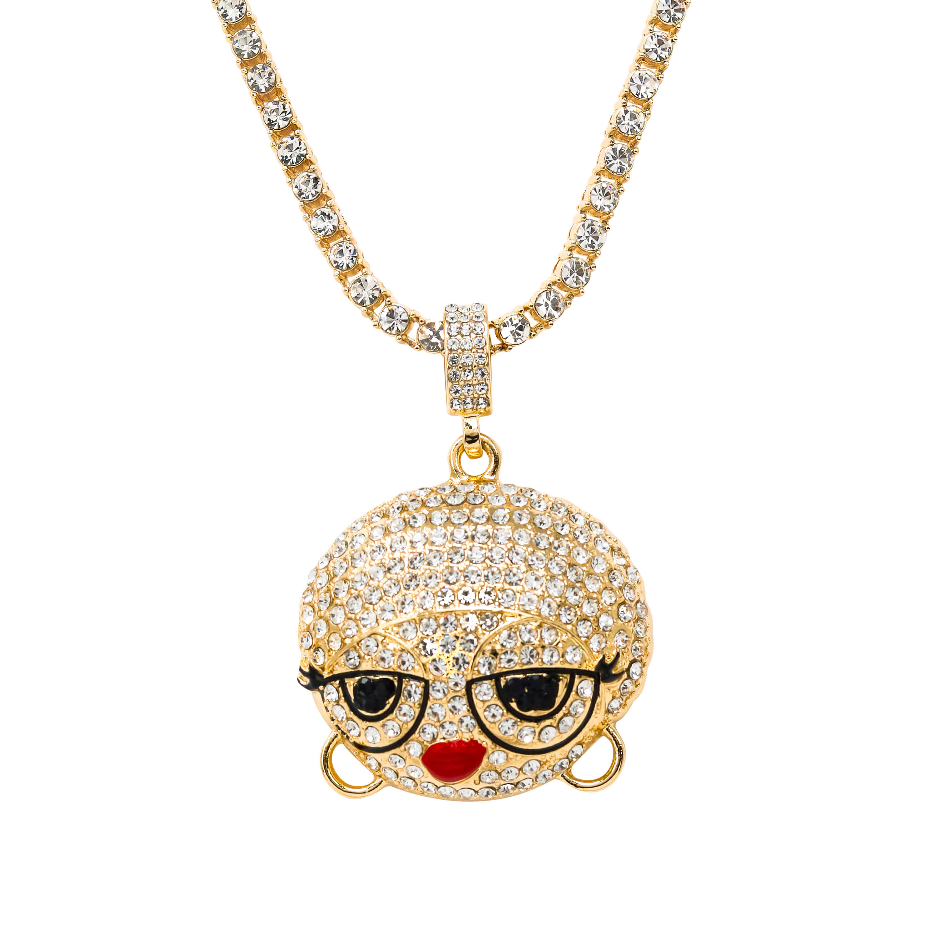 Iced Out Diva Doll Pendant with Tennis Chain in gold, round CZ face with glasses and red lips.