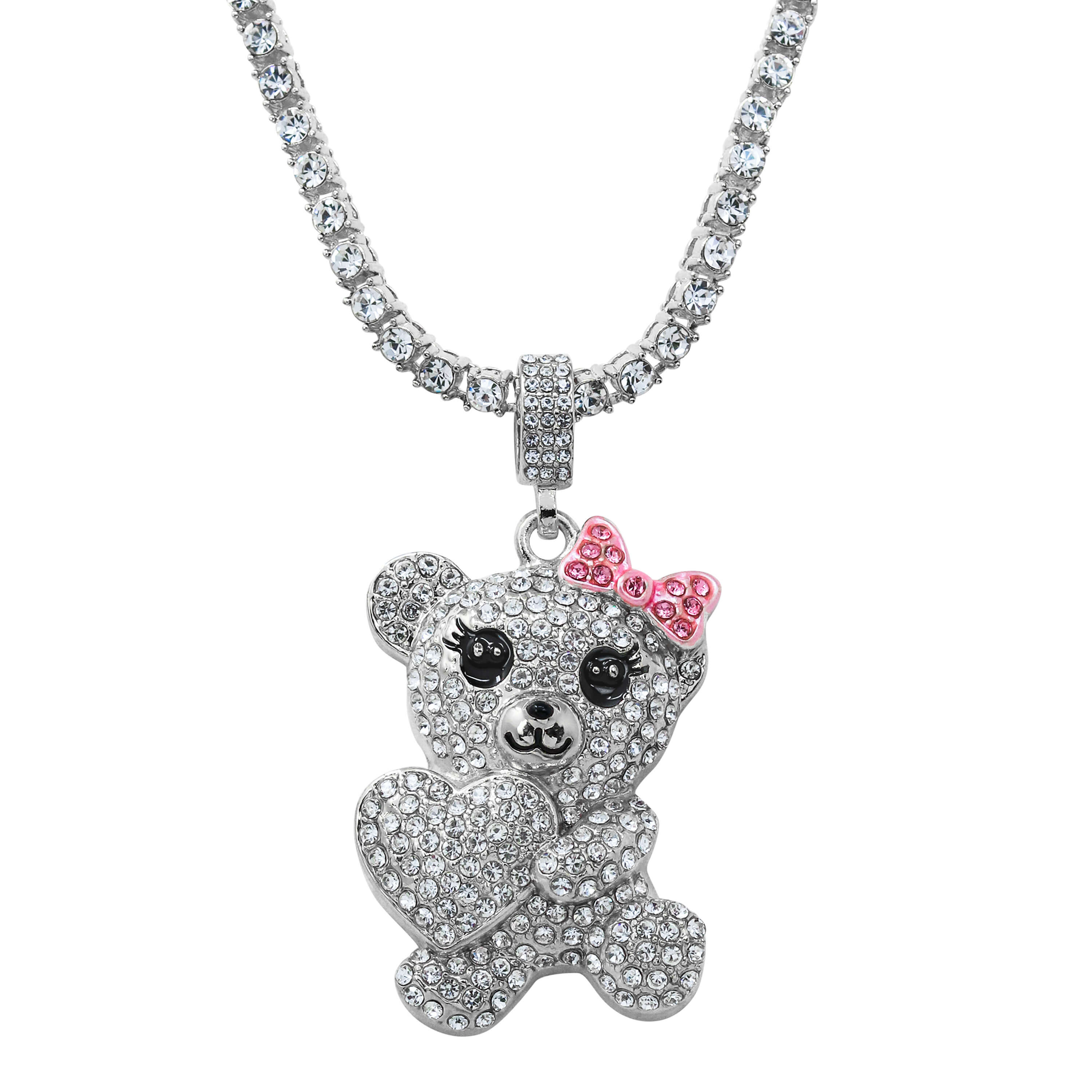 Iced Out Heart Bear Pendant with Tennis Chain in silver, crystal-covered teddy with heart charm.