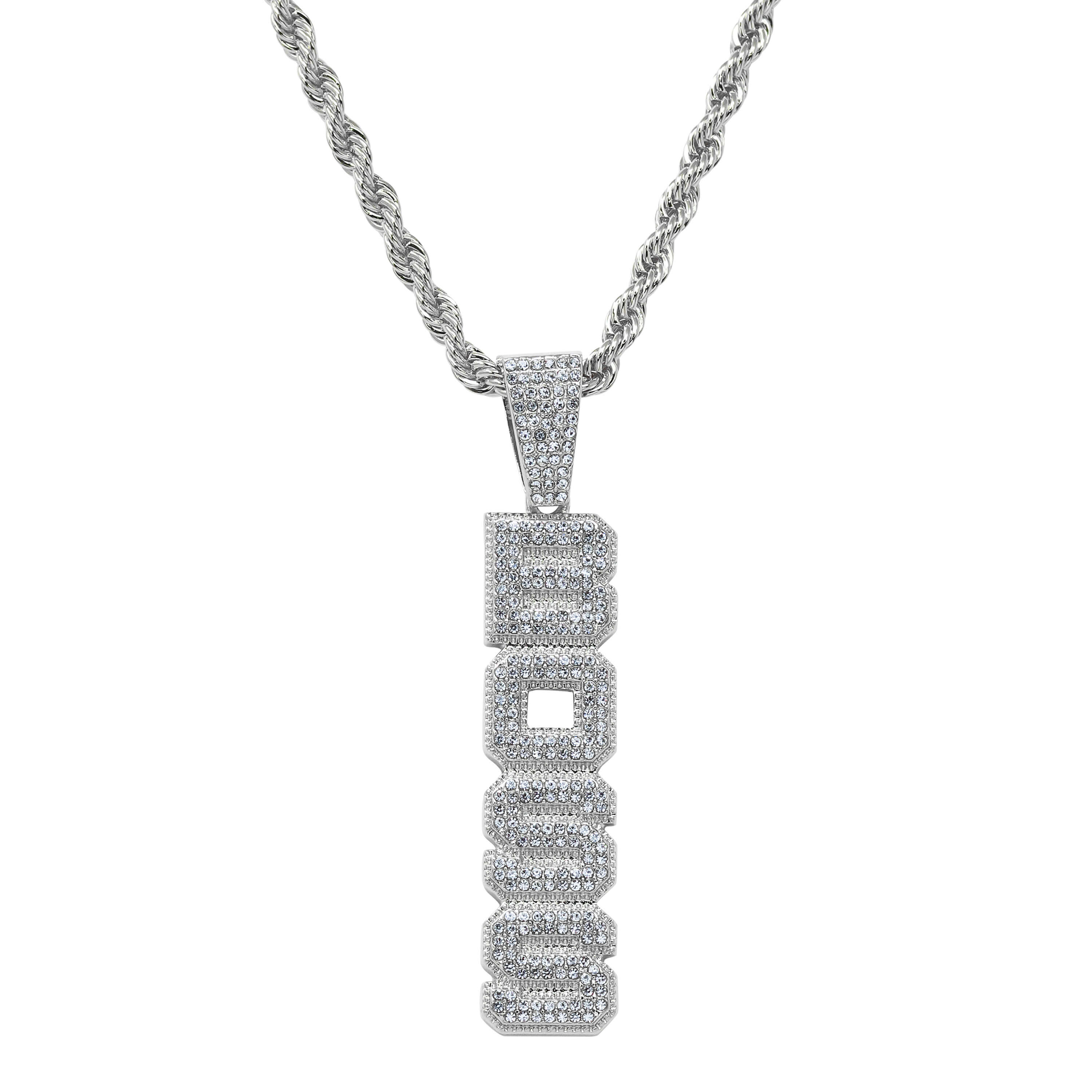 Iced out Vertical Boss Pendant in silver tone with pavé CZ letters on rope chain necklace.