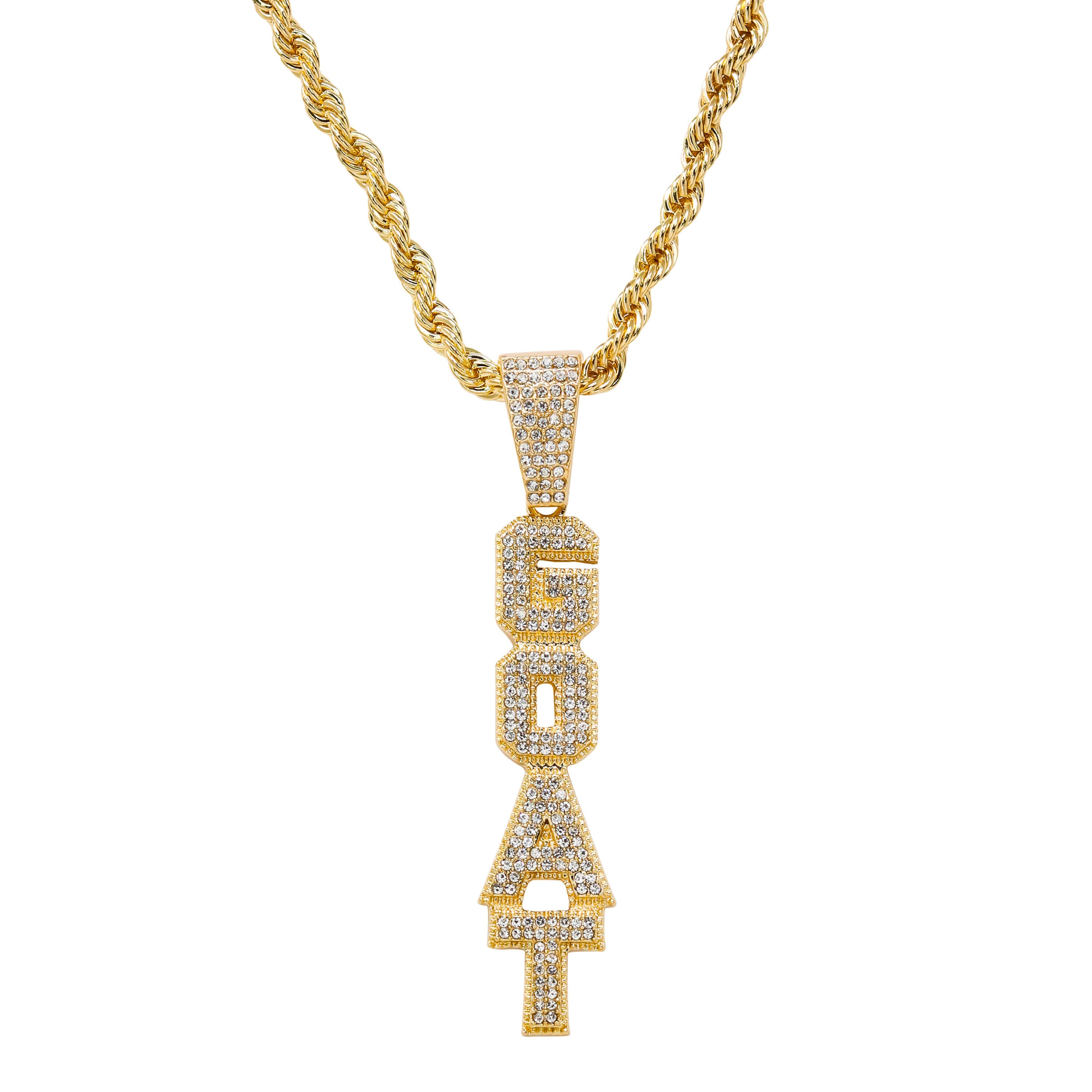 Iced out Vertical Goat Pendant in gold finish with pavé CZ letters on rope chain necklace.