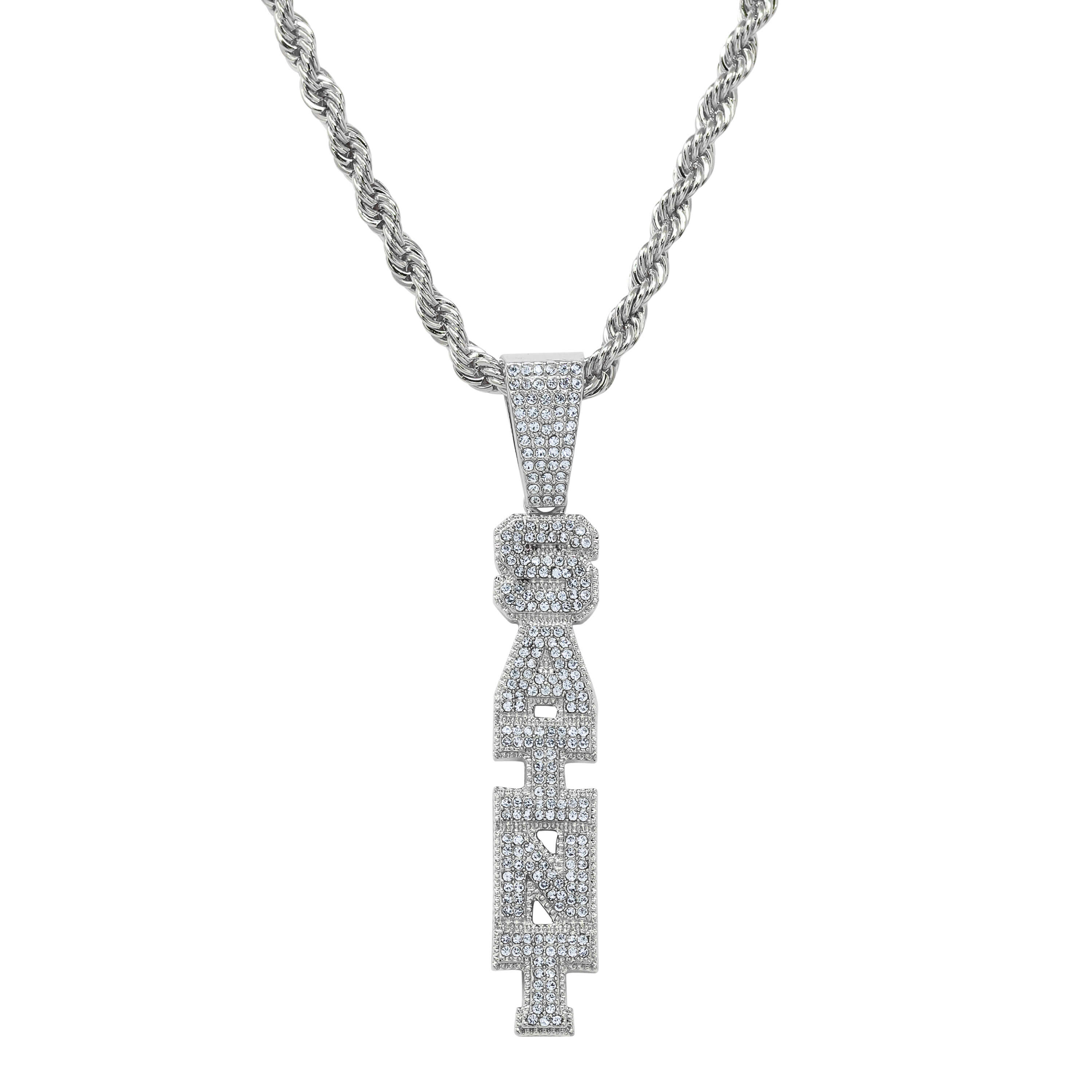 Iced out Vertical Saint Pendant in silver tone with pavé CZ letters on rope chain necklace.