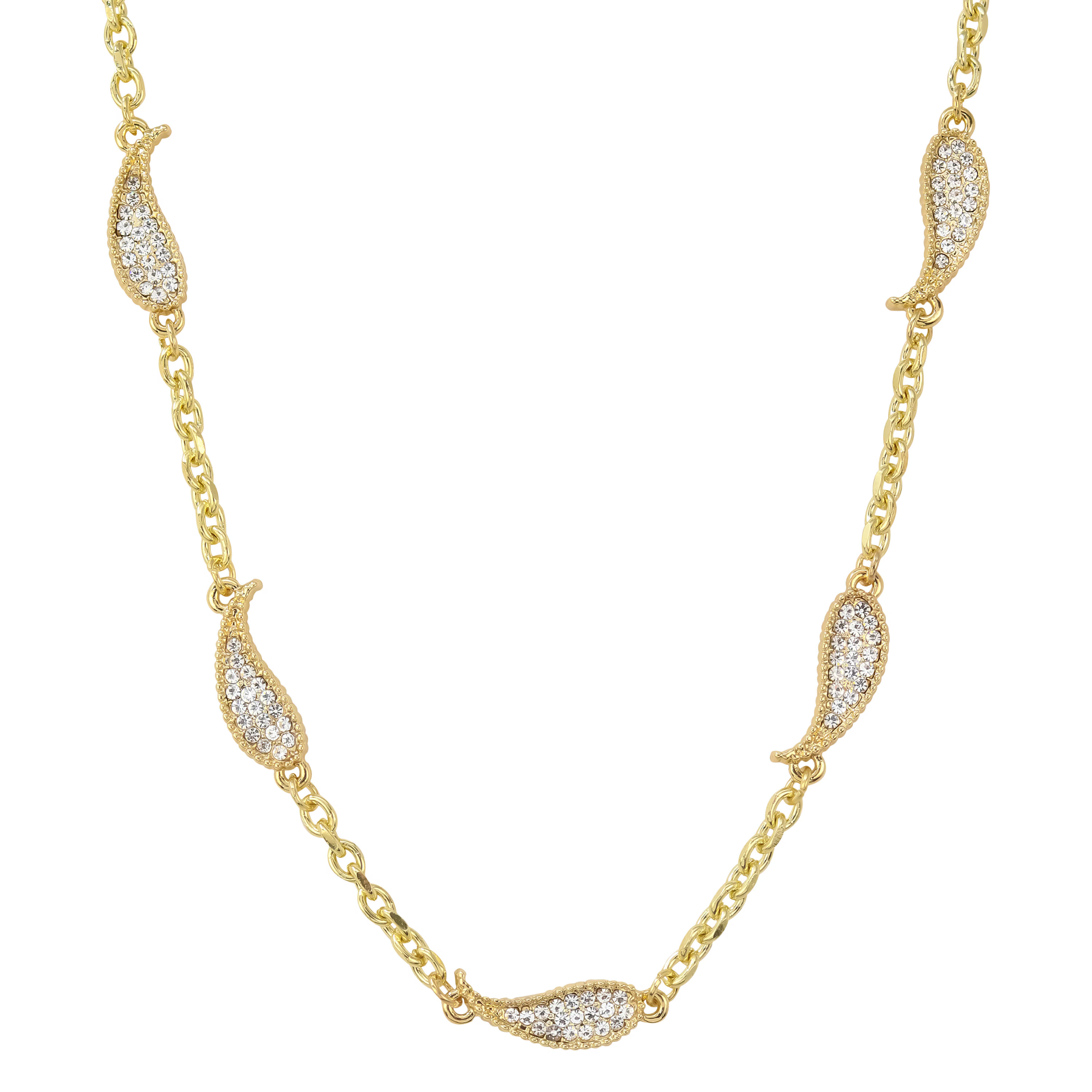 Gold Men’s 7mm White Paisley Multi-Charm Necklace with iced out double-sided teardrop paisley accents.