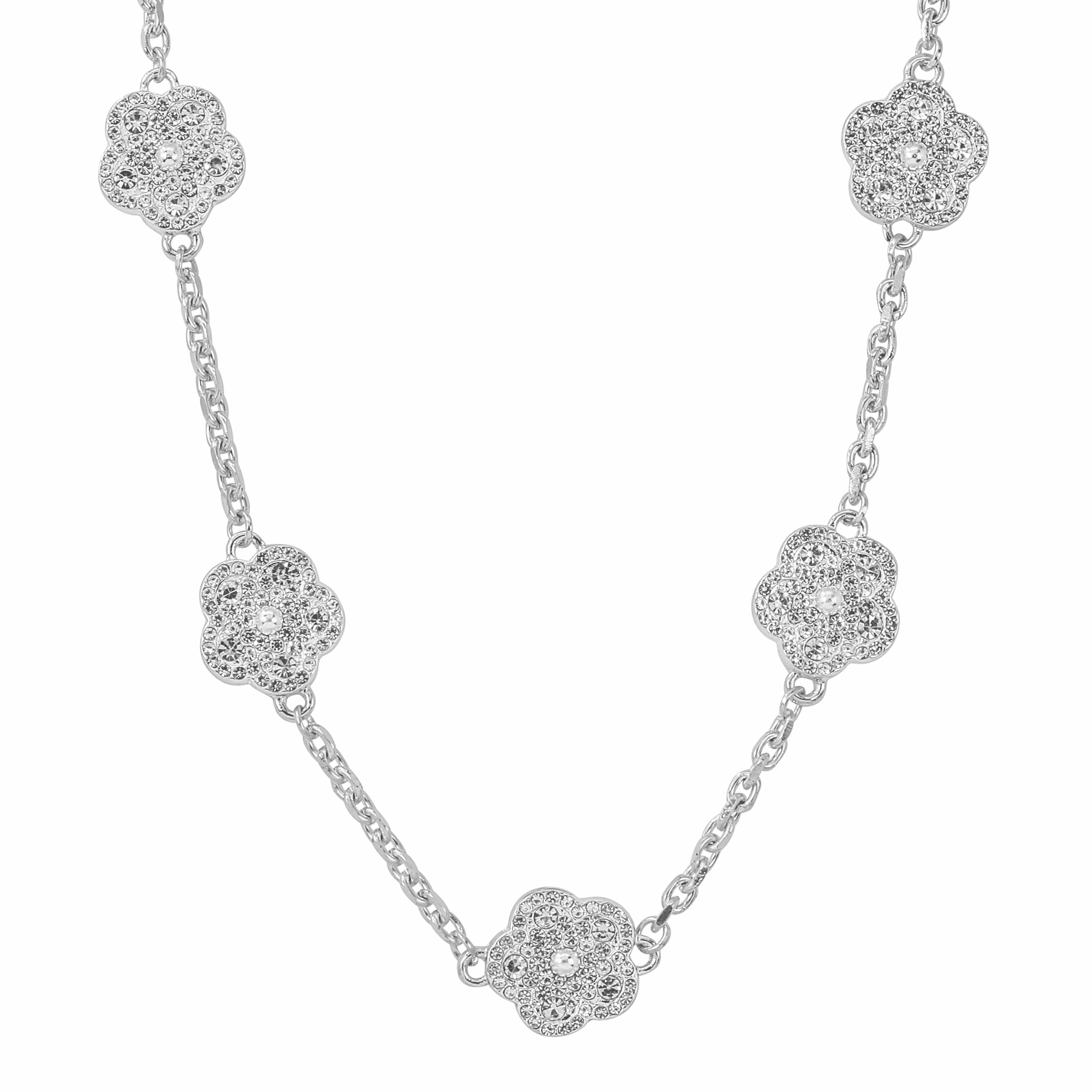 Women's Iced Clover Necklace in silver featuring 16mm double-sided crystal clover charms on a link chain.
