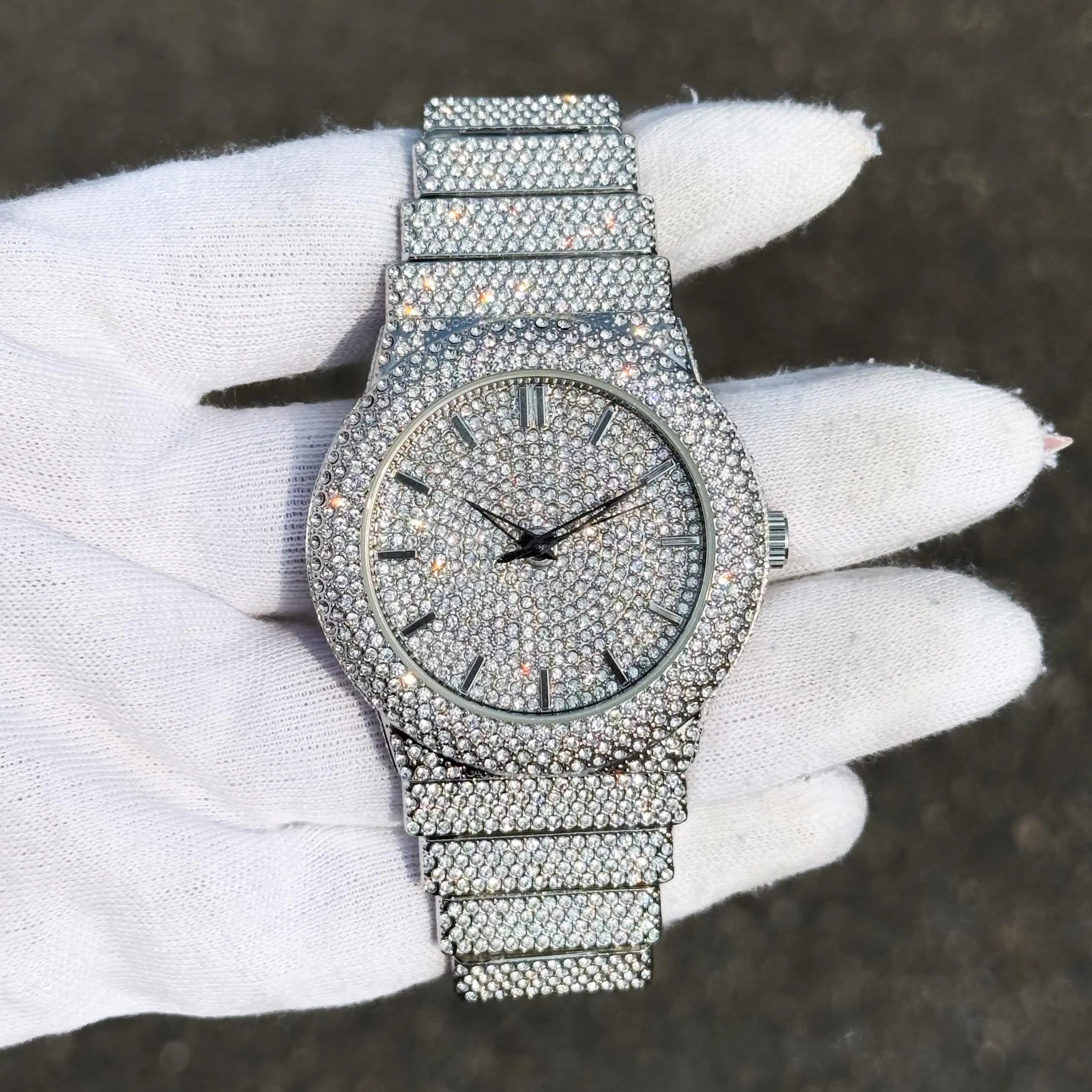 Silver men’s 46mm luxury diamond watch with fully iced round face, brilliant crystals, and diamond bezel.