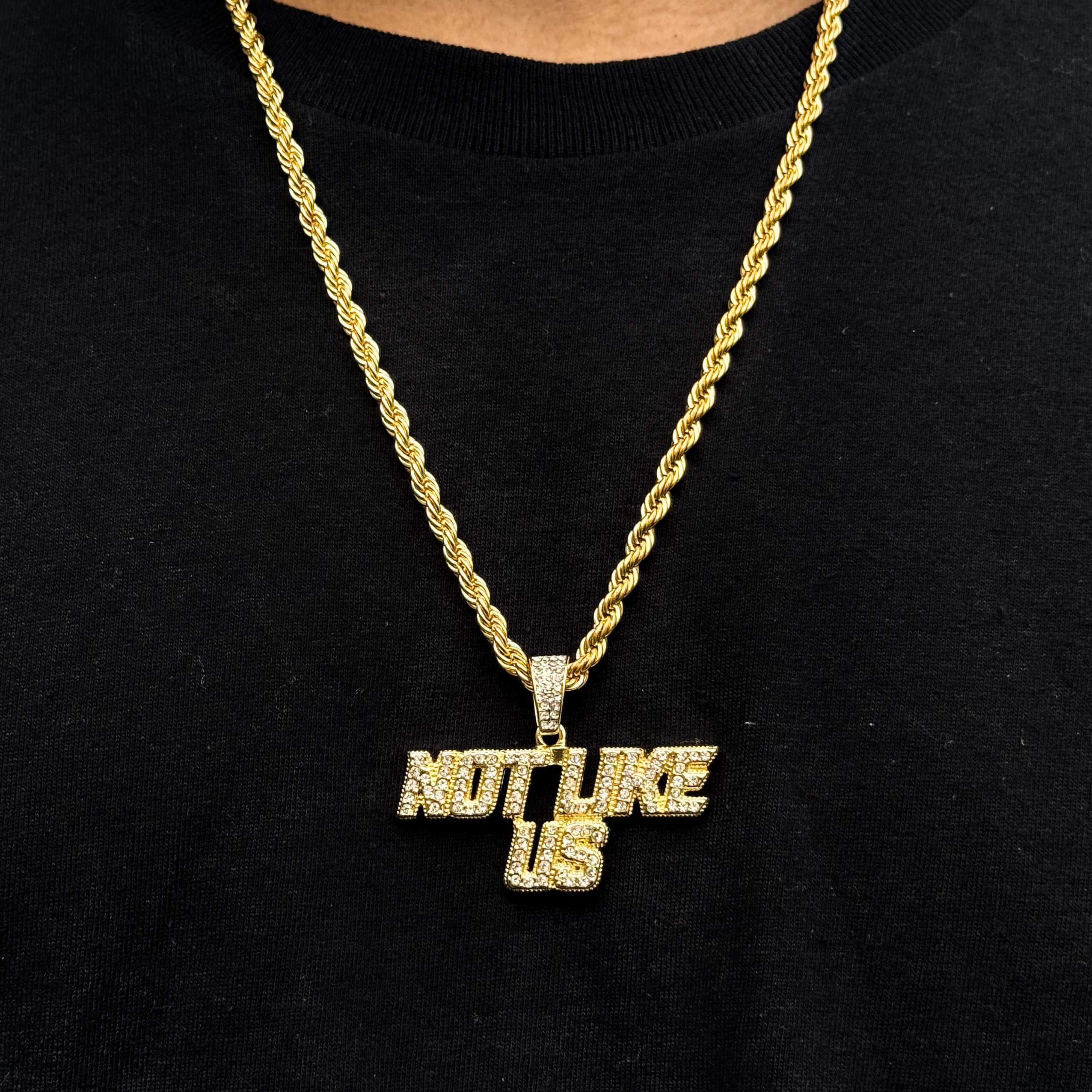 Men’s gold “Not Like Us” pendant with sparkling stones on 4mm rope necklace, hip hop chain.