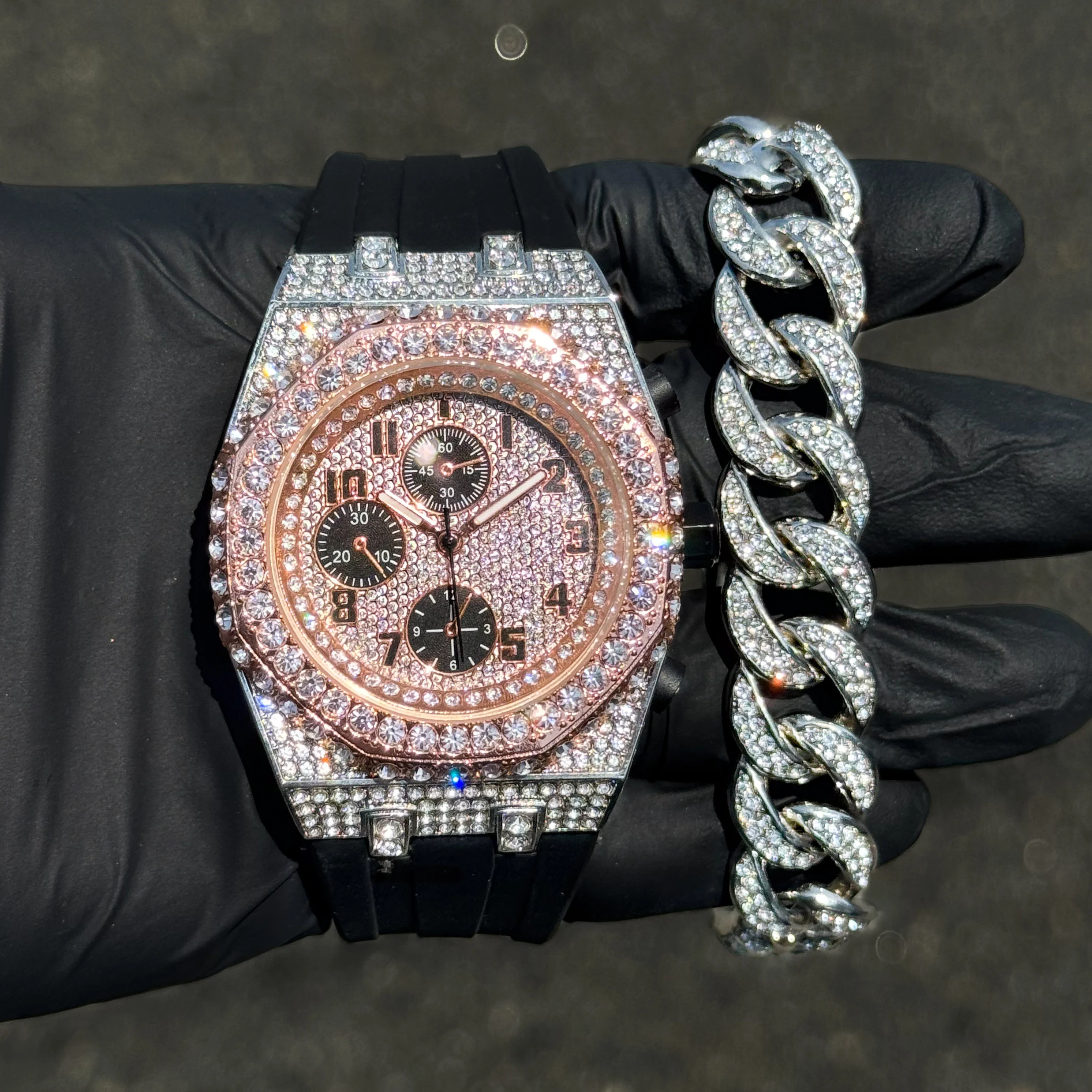 Men's 43mm Octagon Bezel Rose Gold Diamond Watch and Bracelet Set - Fully Iced Out Bezel with Silicon Band - Quartz Movement