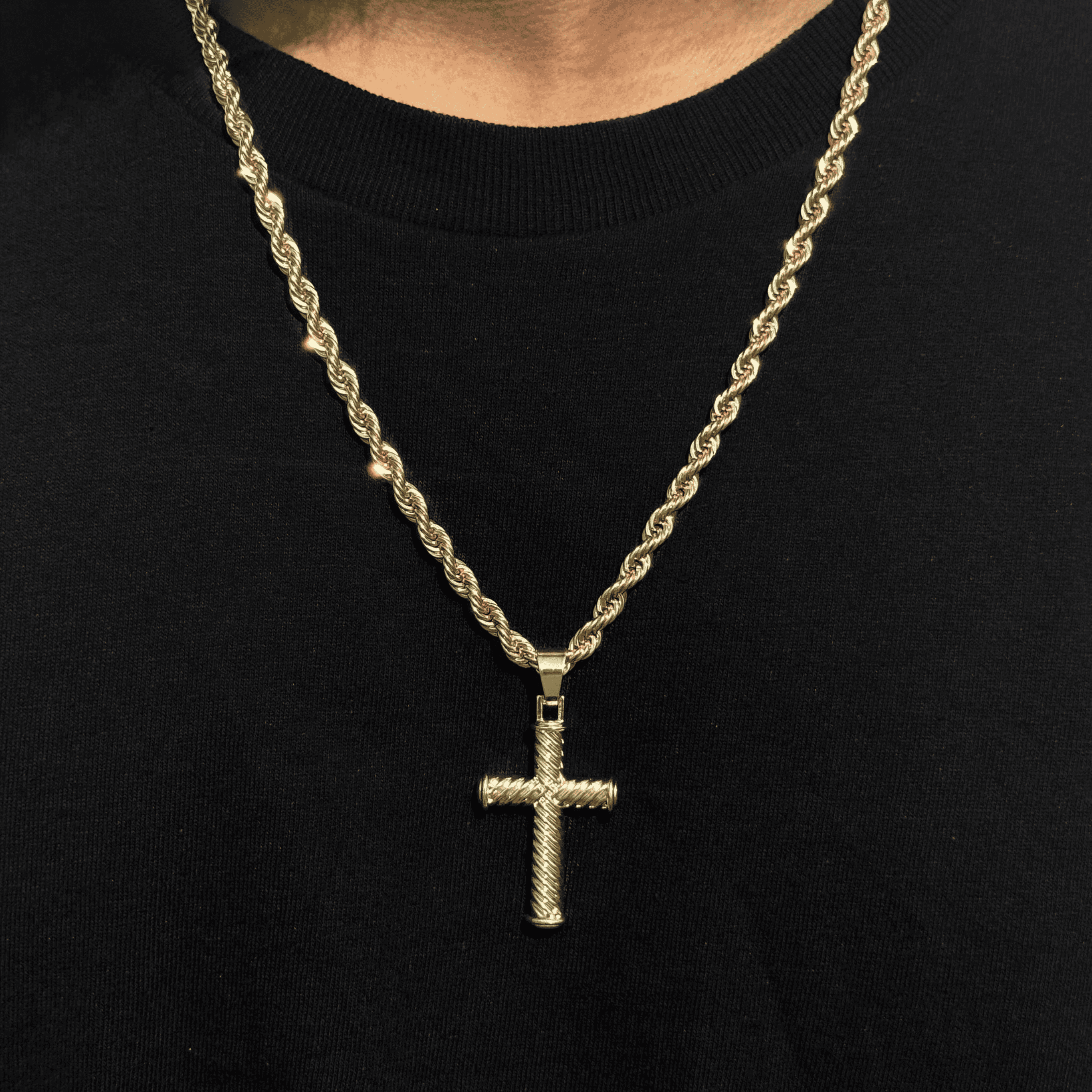 Men's Solid Cable Cross Pendant with 4mm Rope Necklace