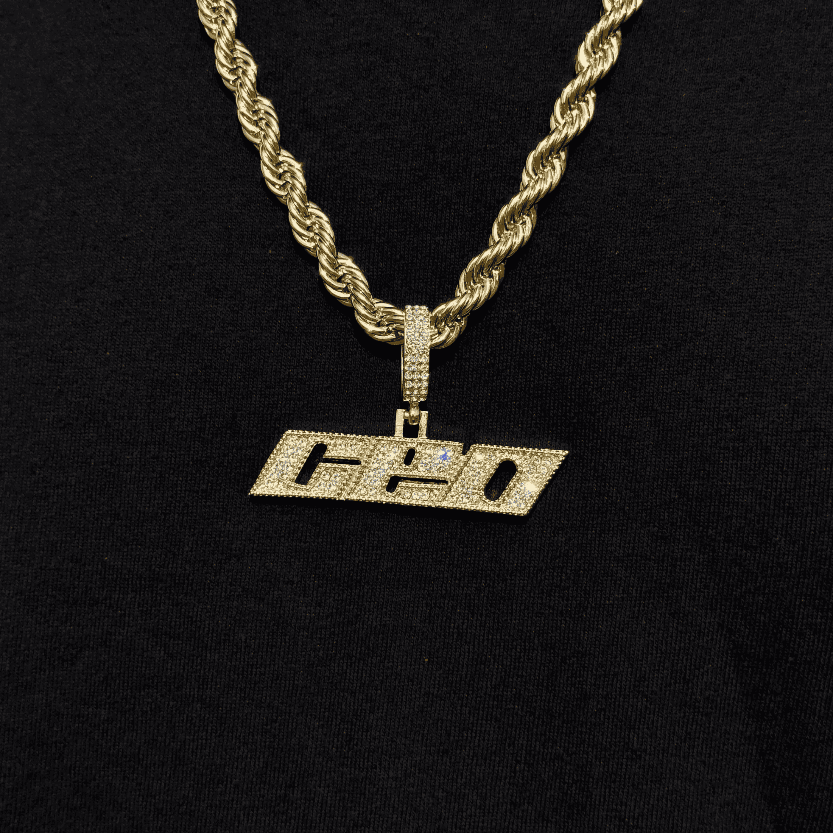 Gold iced out CEO pendant on 8mm rope chain for men, large hip hop statement necklace.