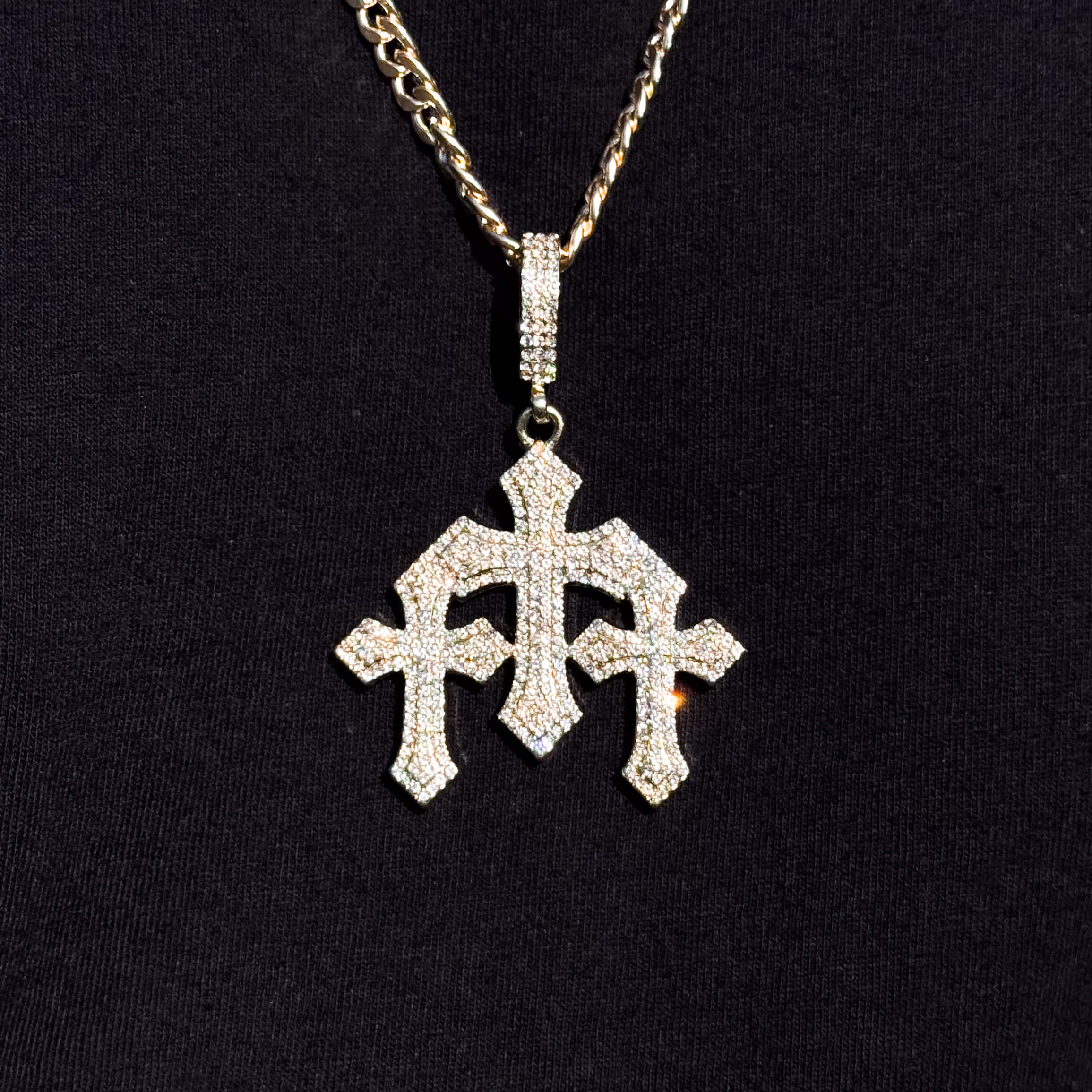 Gold iced-out triple cross pendant on a 5mm Cuban chain, men's large necklace jewelry