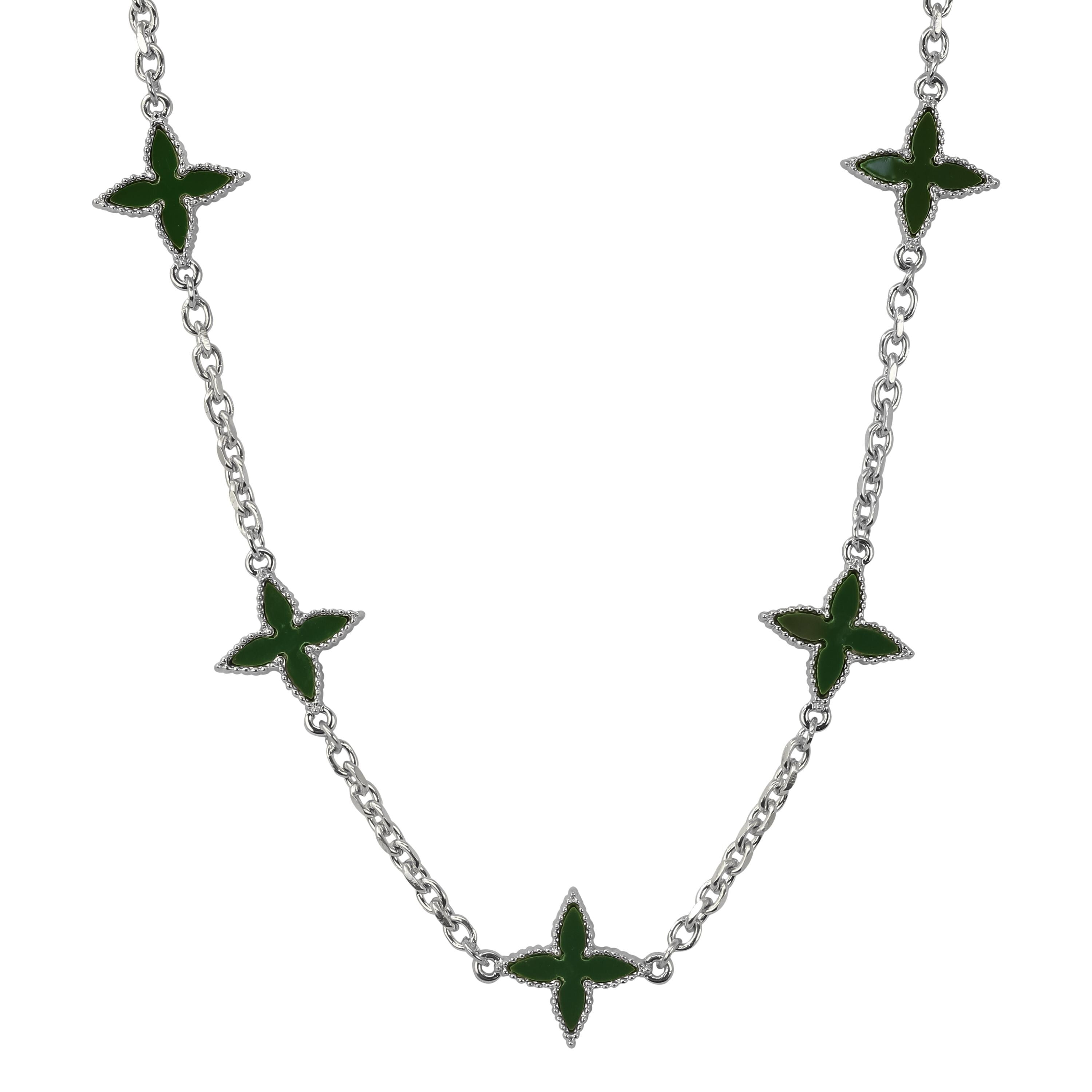 Men's 18mm Louis inspired Green Multi Charm Necklace in polished silver with dark green star floral double-sided charms.