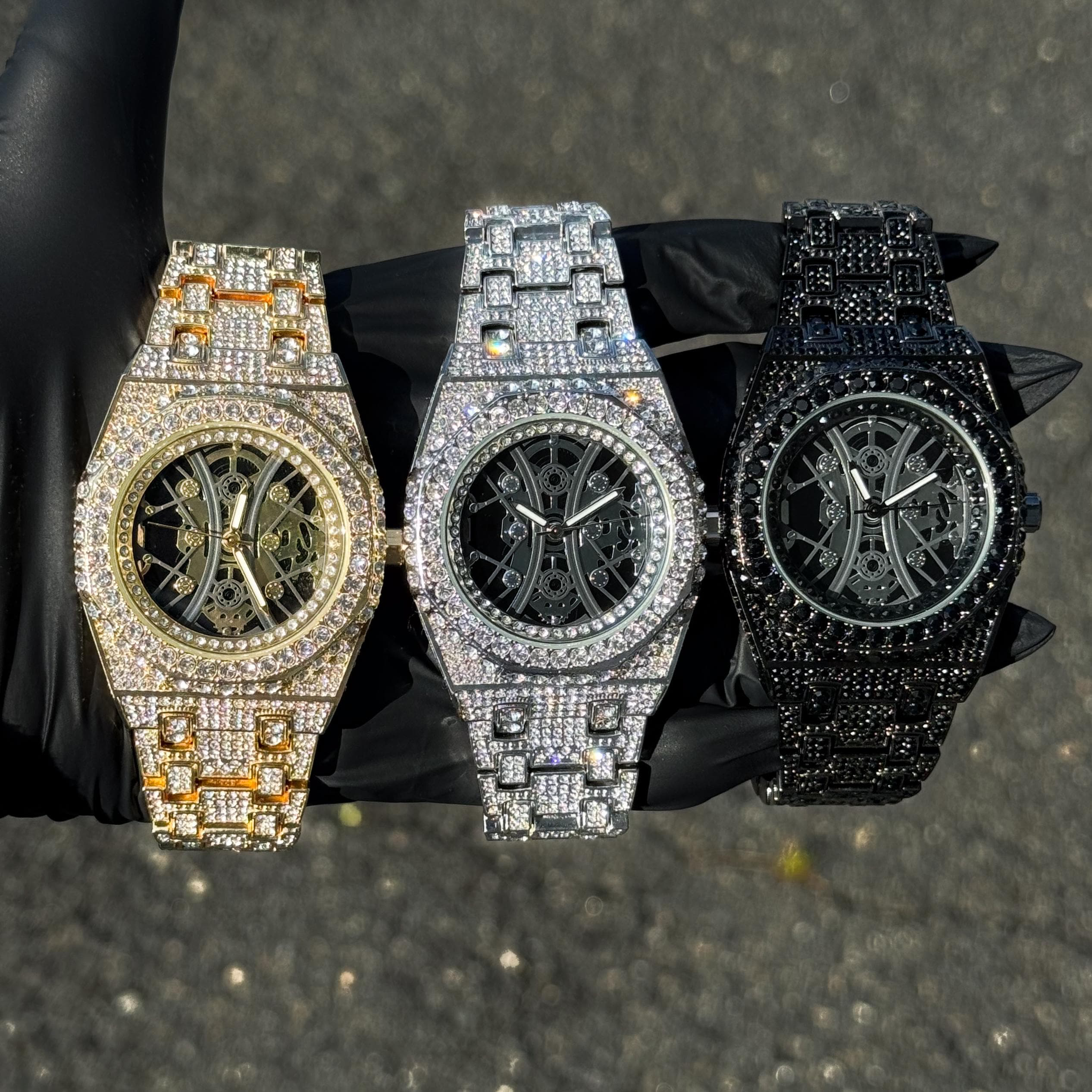 Men's 43mm iced out luxury watches in gold, silver and black with fully iced bands and octagon bezels.