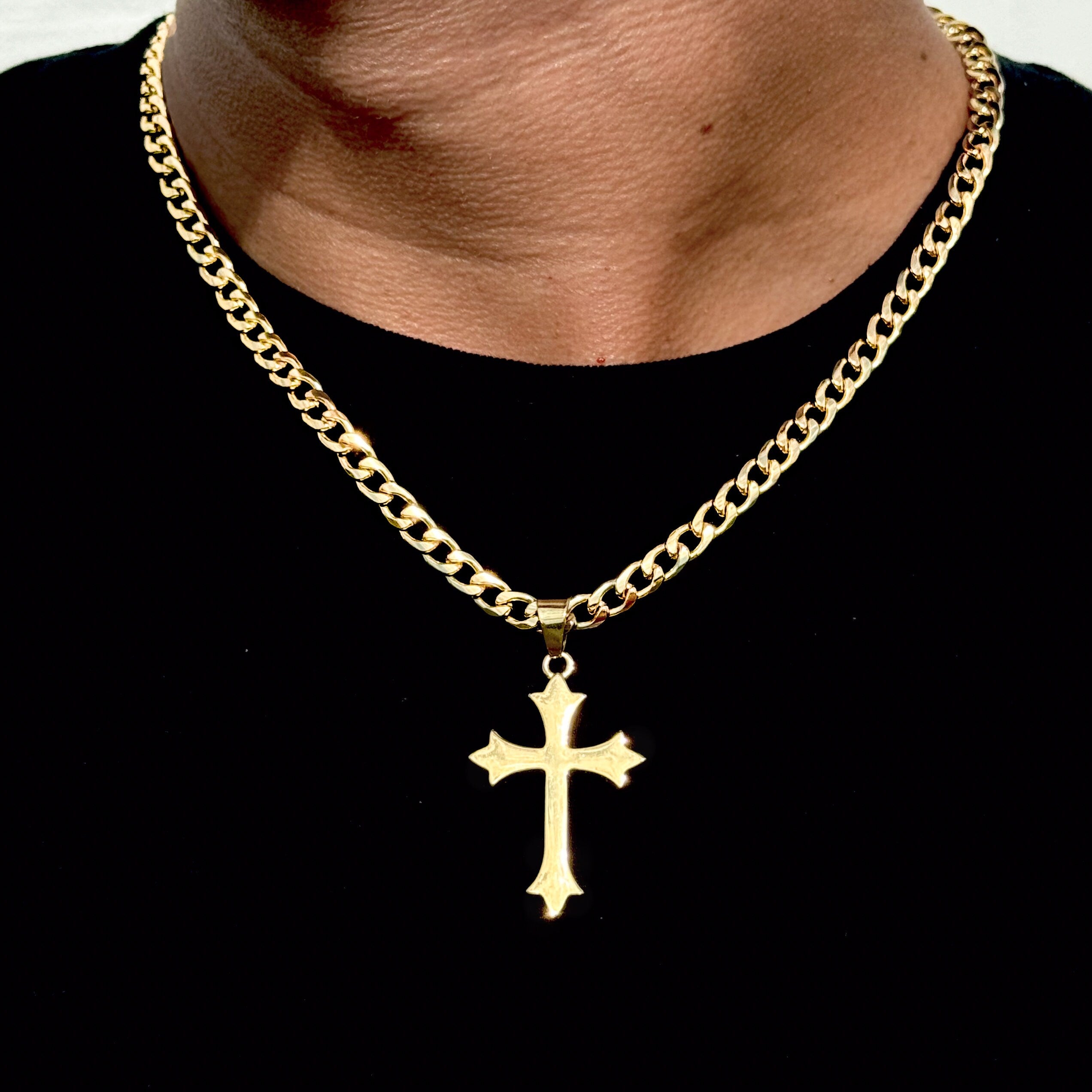 Men's Medium Cross Pendant with 5mm Cuban Necklace