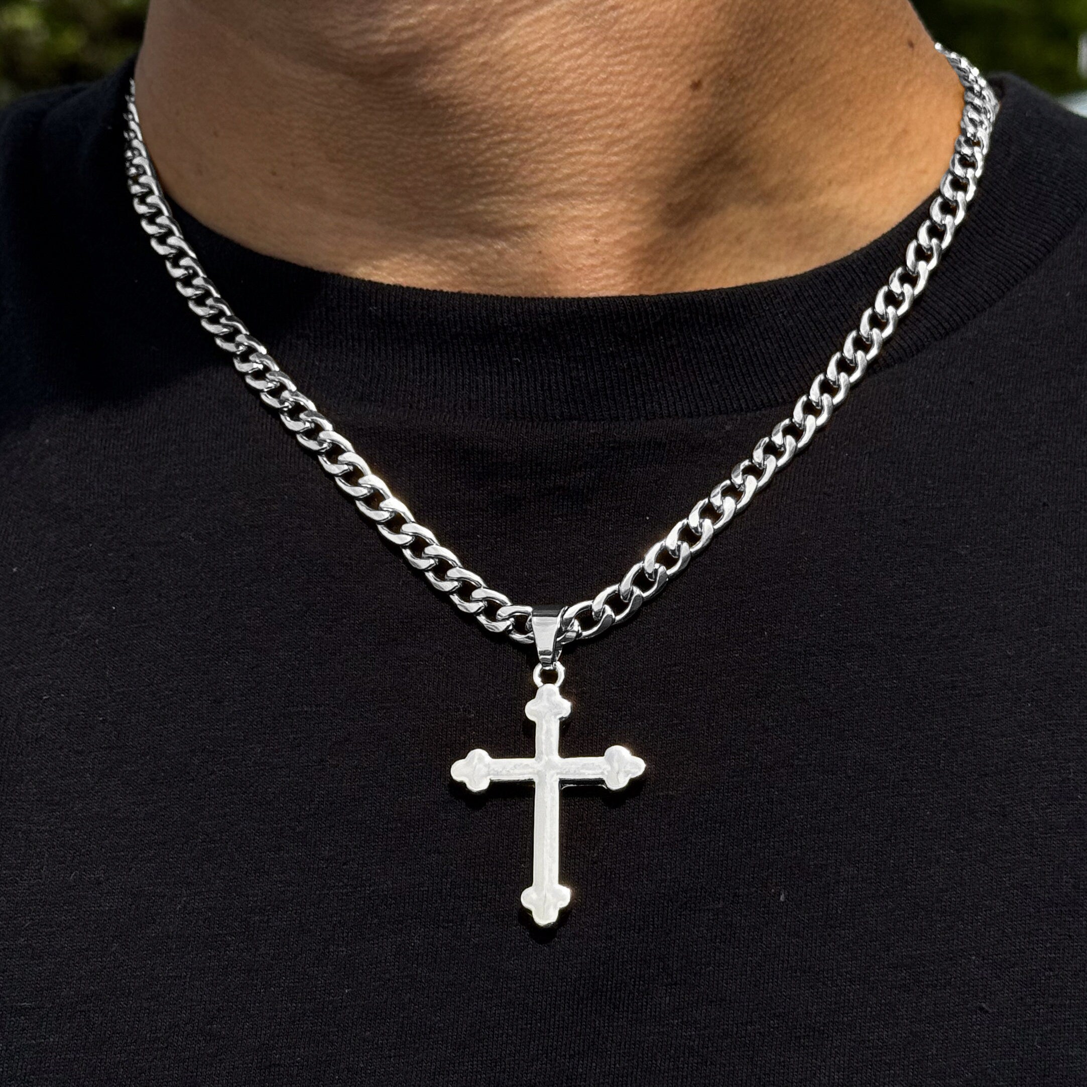 Men's Medium Silver Solid Crucifix Pendant with 5mm Cuban or 4mm Rope Necklace