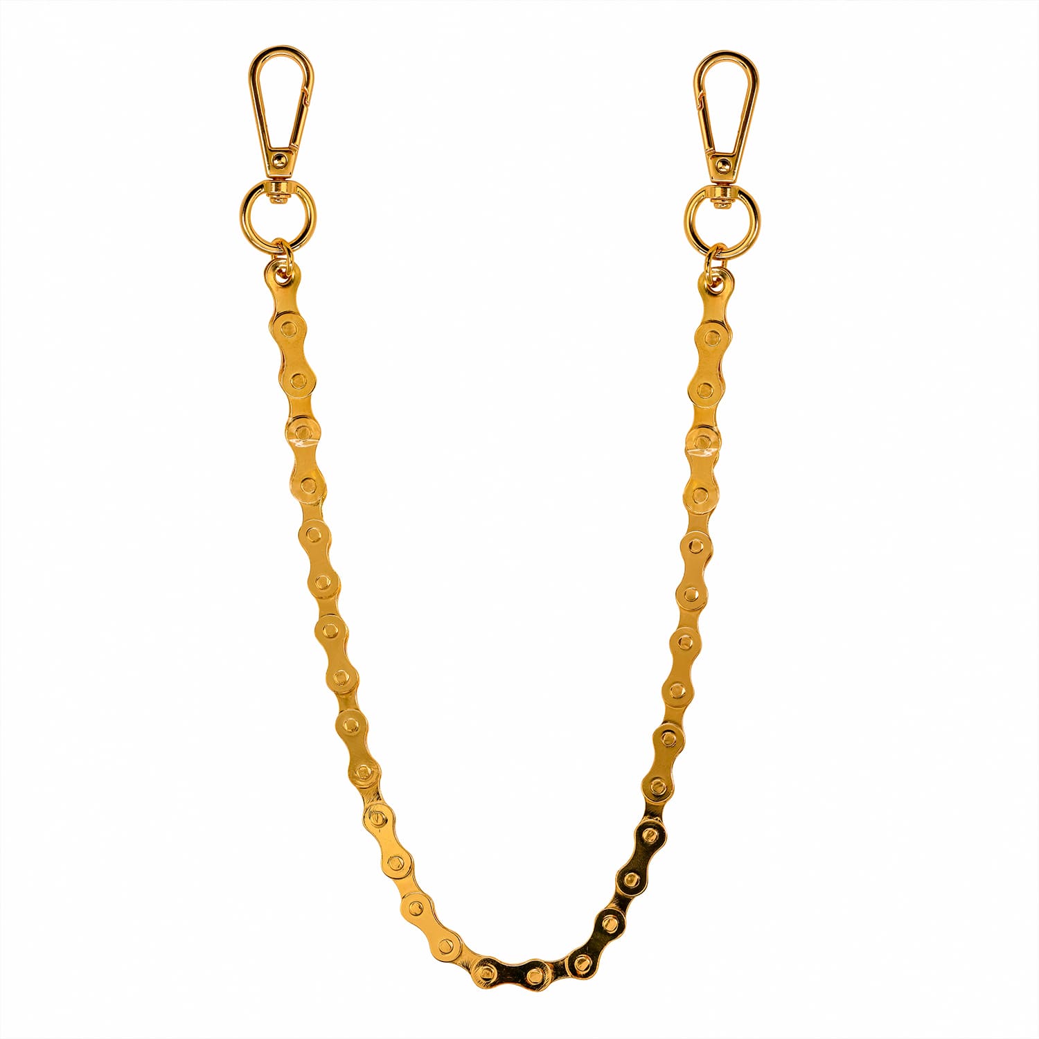 Gold Solid Bike Link Pant Chain featuring polished bike-inspired links and metal clasps for jeans.