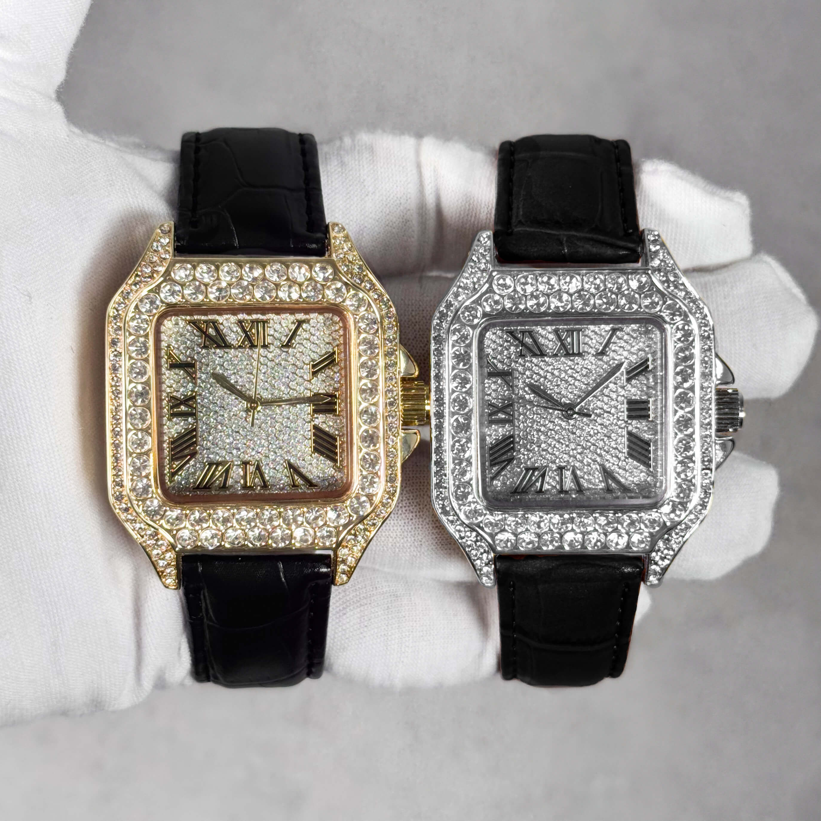 Men's 32mm iced out square dial watches in gold and silver with black leather bands displayed.