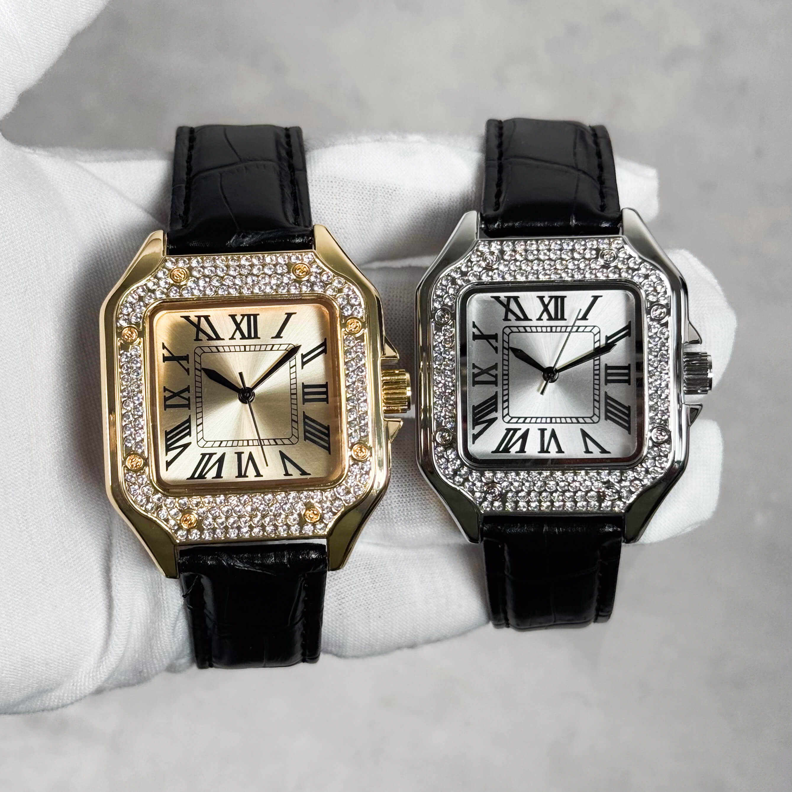 Men's 32mm square dial watches in gold and silver with crystal bezel and black leather straps.