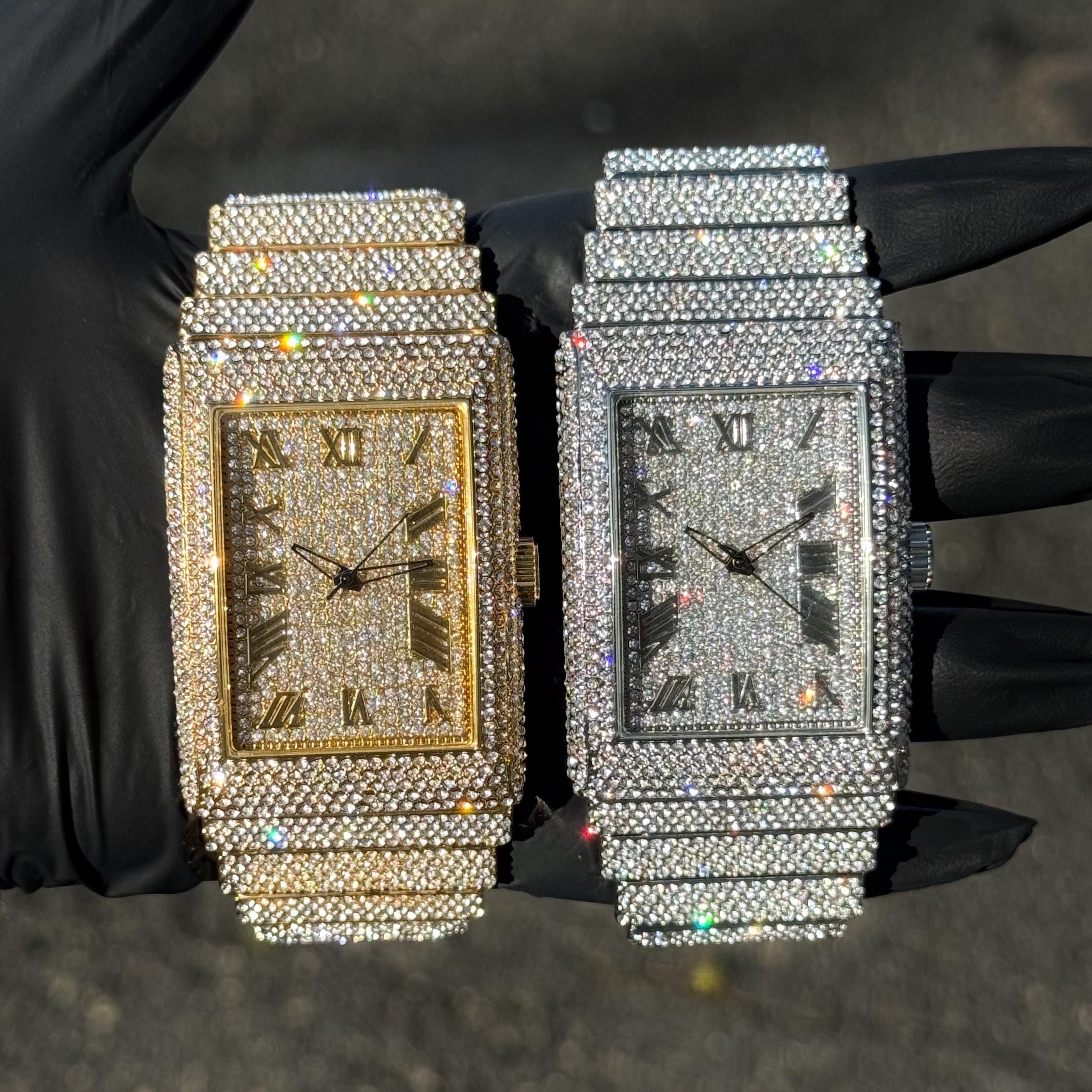 Men’s 40mm fully iced diamond watch in gold and silver, featuring rectangular face and iced-out bezel.