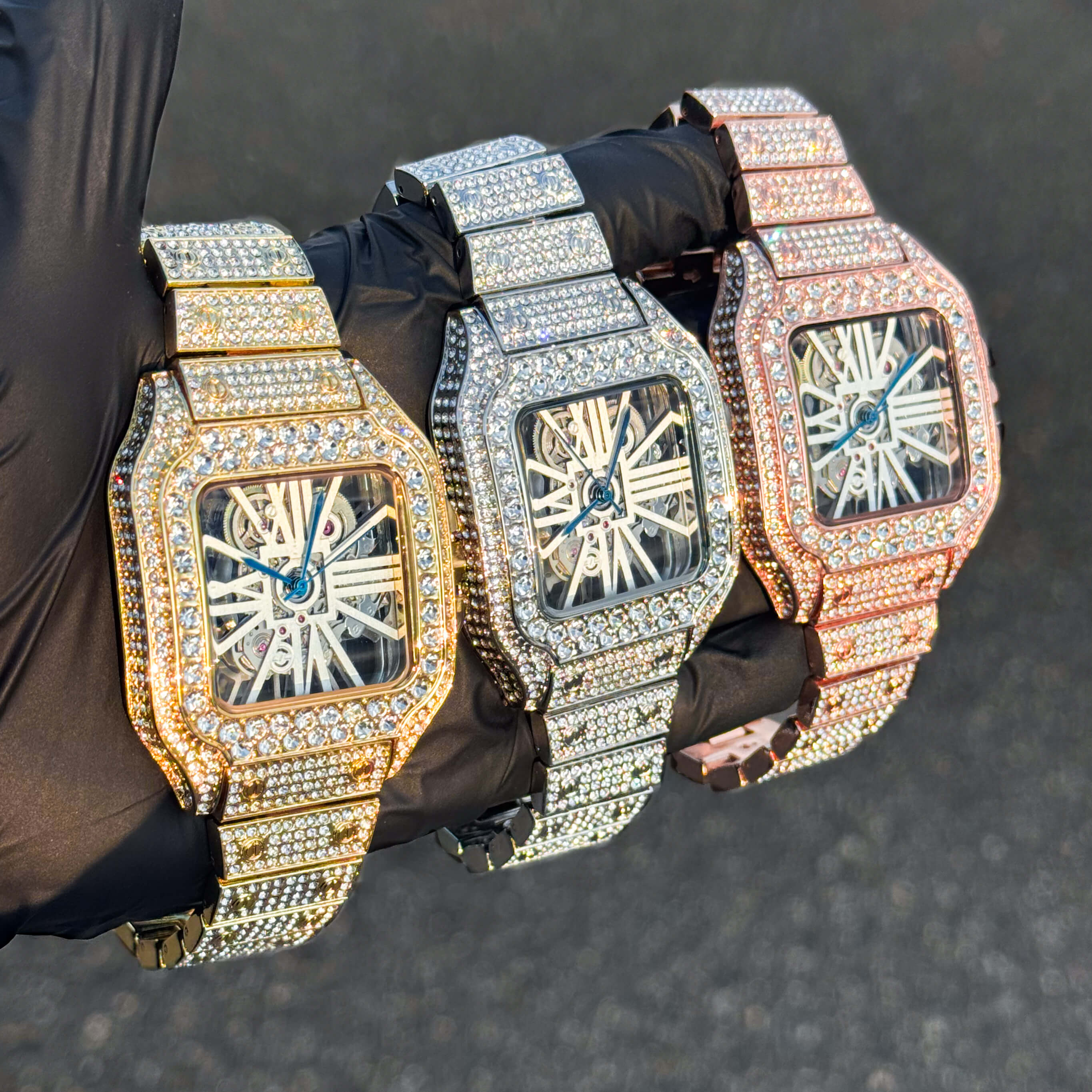 Gold, silver, and rose gold fully iced out 40mm square skeleton dial men’s diamond watches.