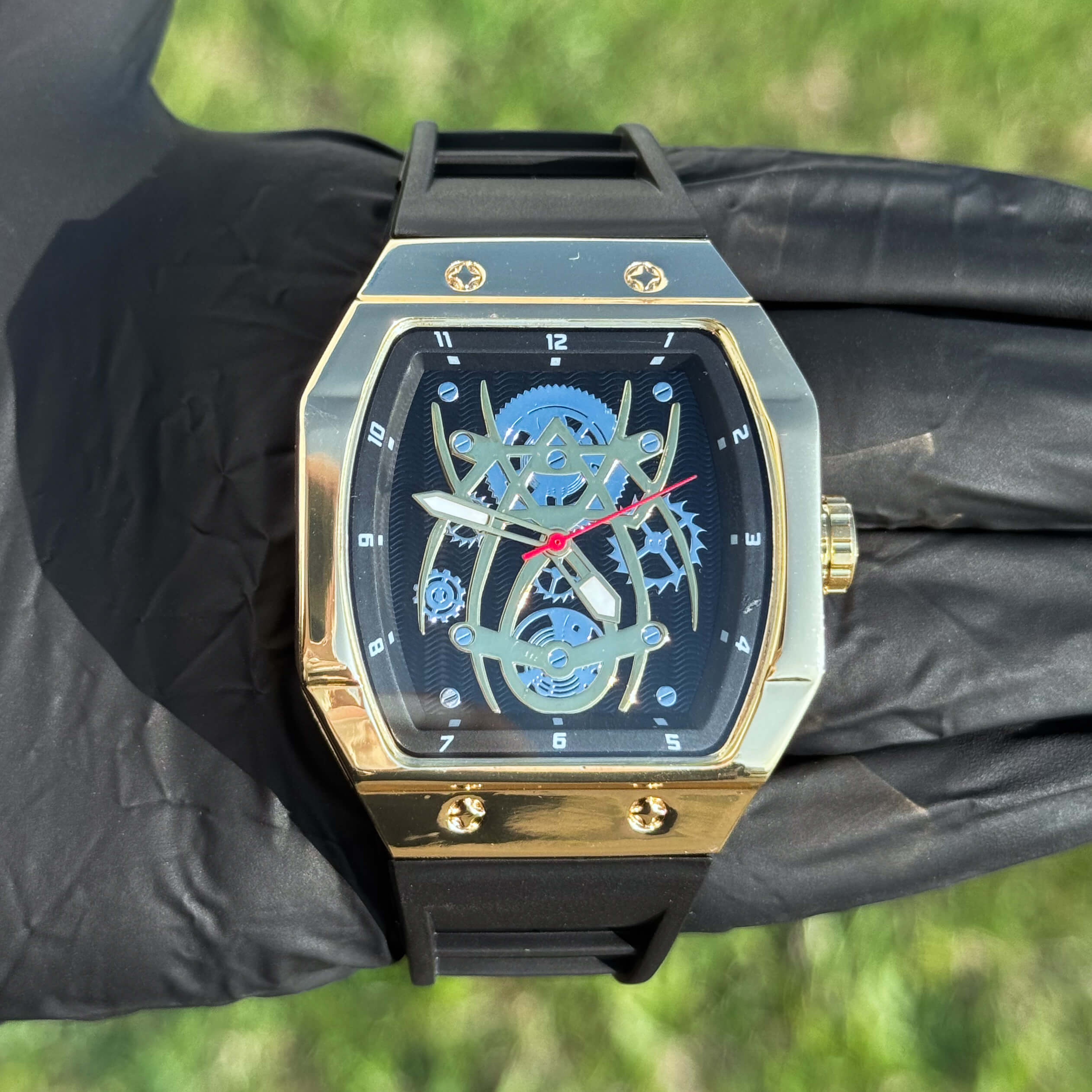 Men's 41mm Black Tonneau Watch - Skeleton Dial