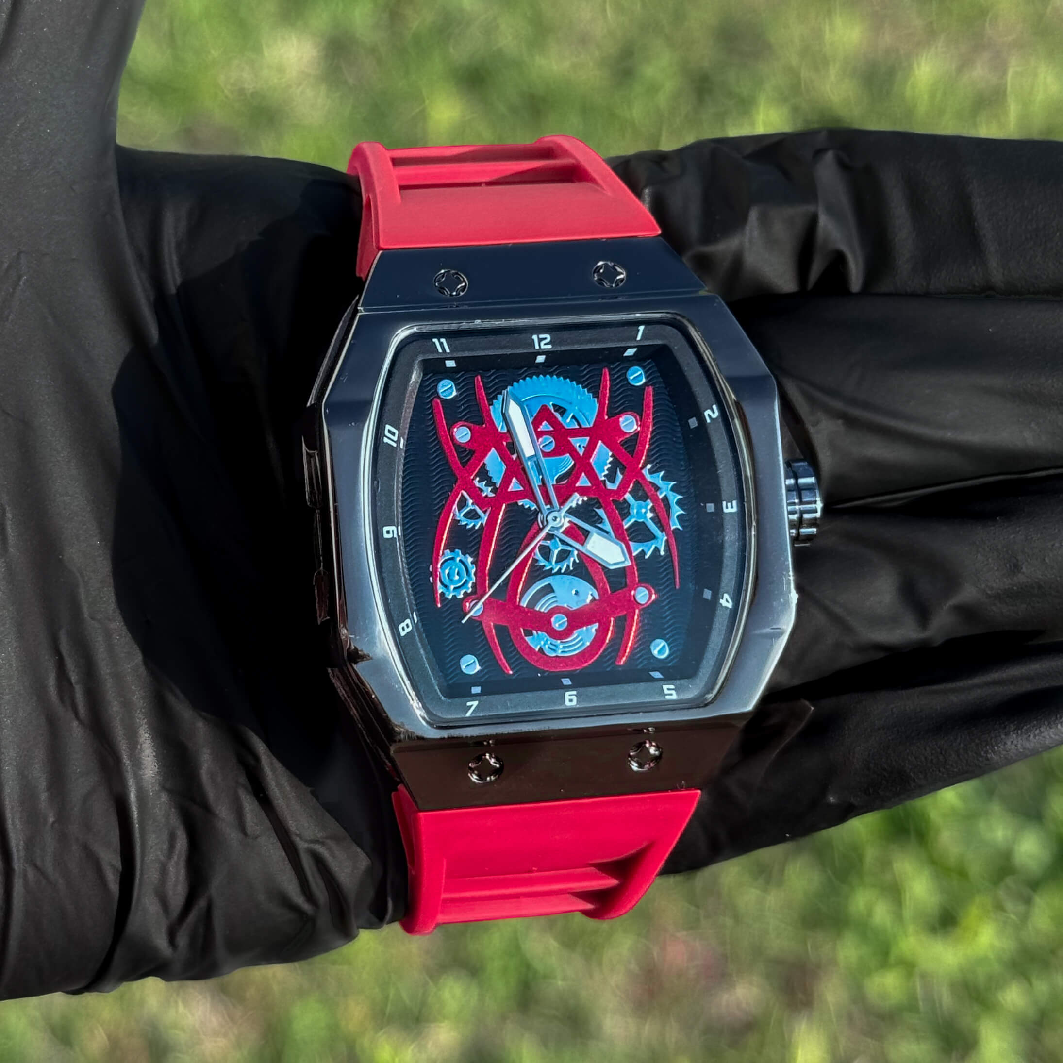 Men's 41mm Red Tonneau Watch - Skeleton Dial