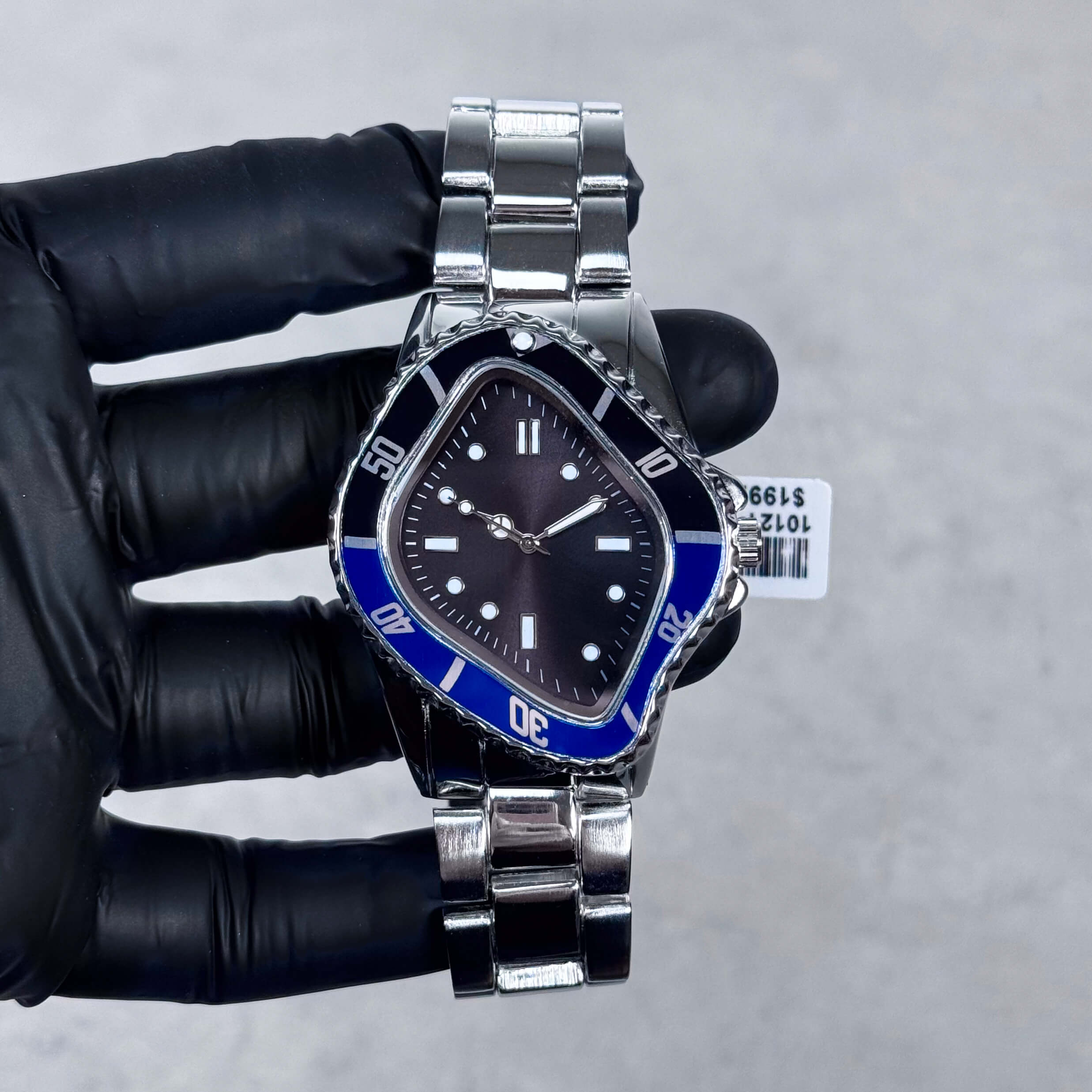 Men’s 42mm Black Warped Case Watch – Unique Shape, Metal Band, Quartz Movement