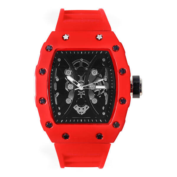 Men’s 42mm red tonneau watch with black skeleton dial, matte finish case, and adjustable silicone band.