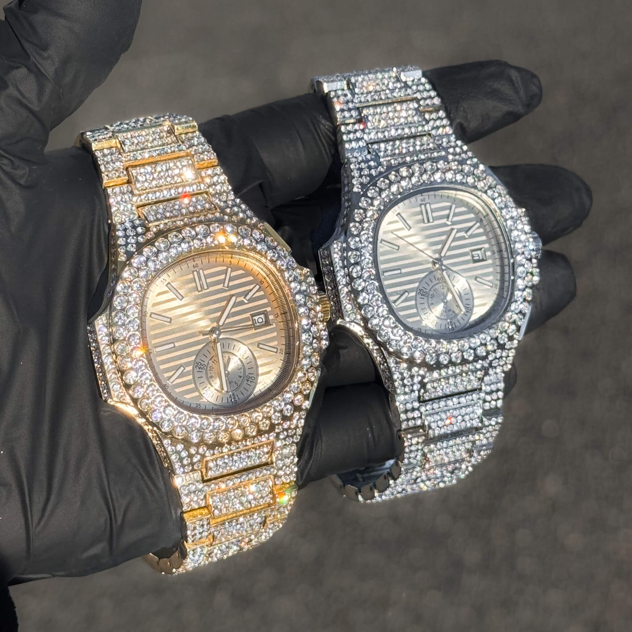 Men's 43mm luxury iced out watches in gold and silver, fully diamond-encrusted design.