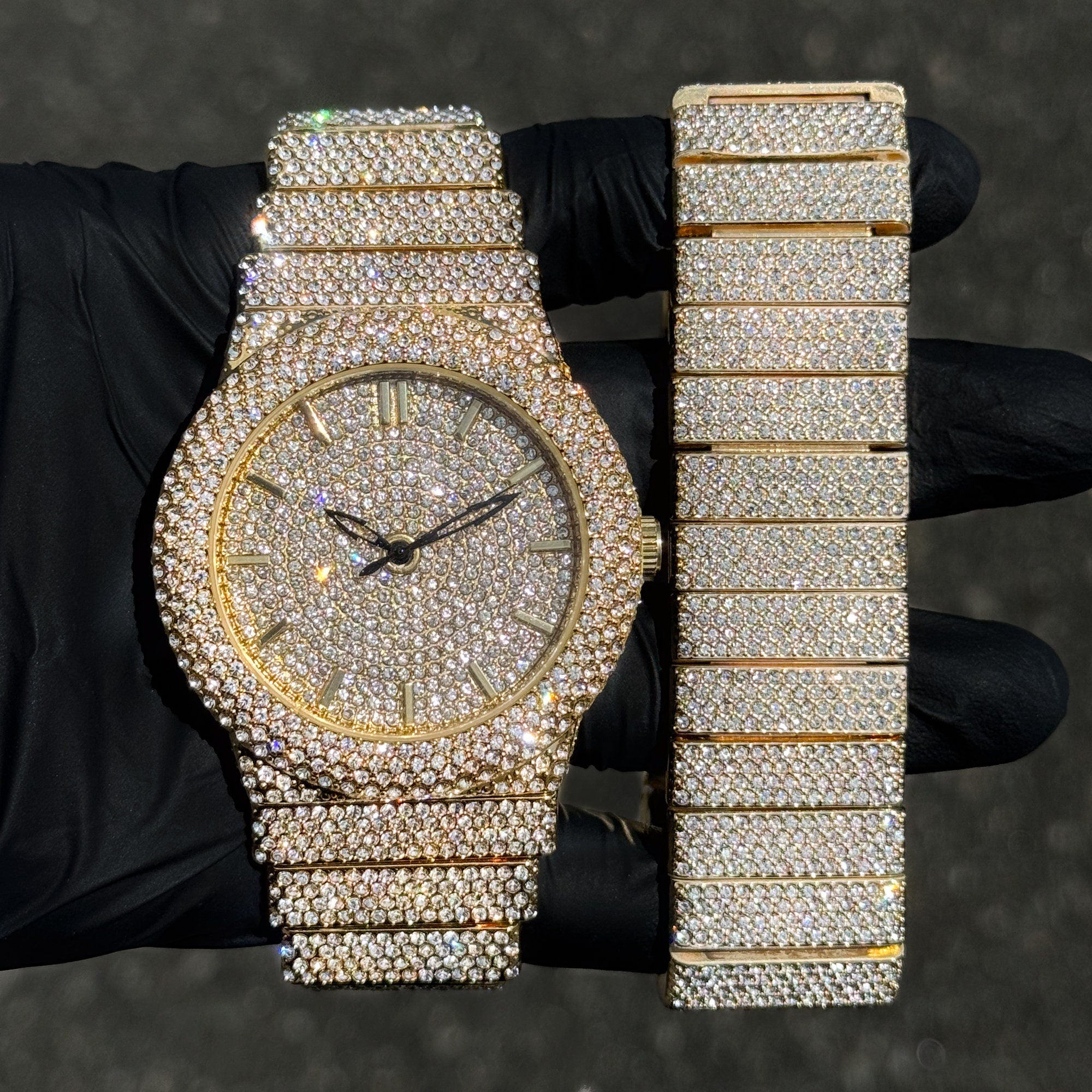 Men's 46mm Luxury Diamond Watch & Bracelet Set in gold with fully iced dial and band.