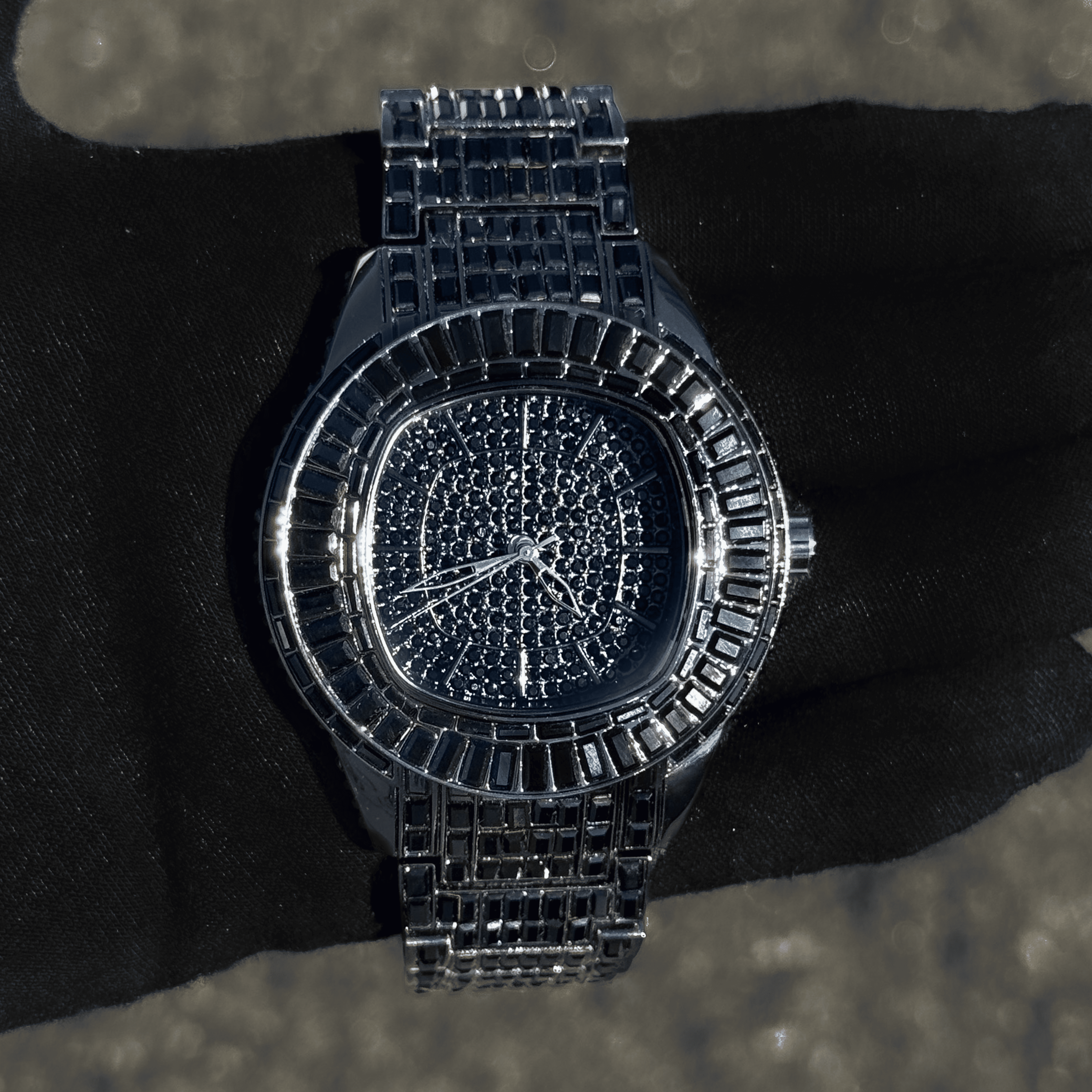 Black Men’s 48mm Fully Iced Out Baguette Watch with pavé dial and luxury quartz movement