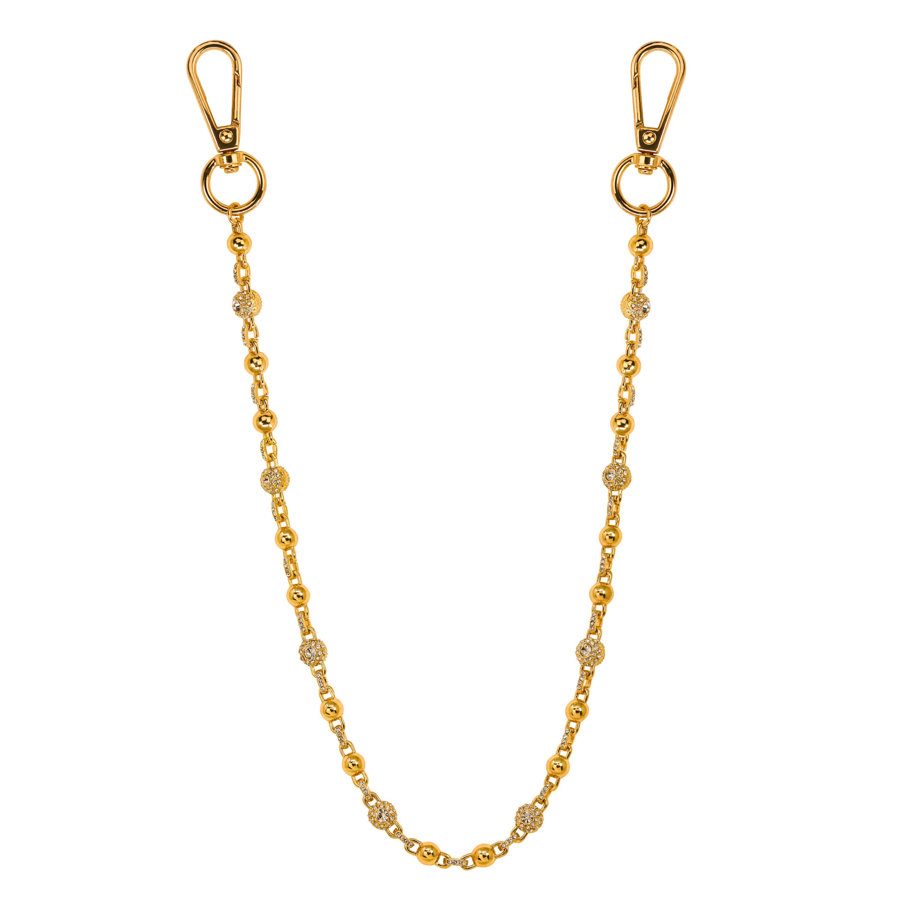 Gold Iced Out Ball Pant Chain with polished beads and diamond-set accents featuring dual clasps.