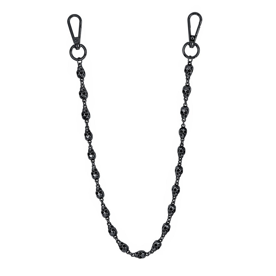 Black 9mm Skull Link Pant Chain featuring detailed skull links and metal clasps for bold streetwear style.